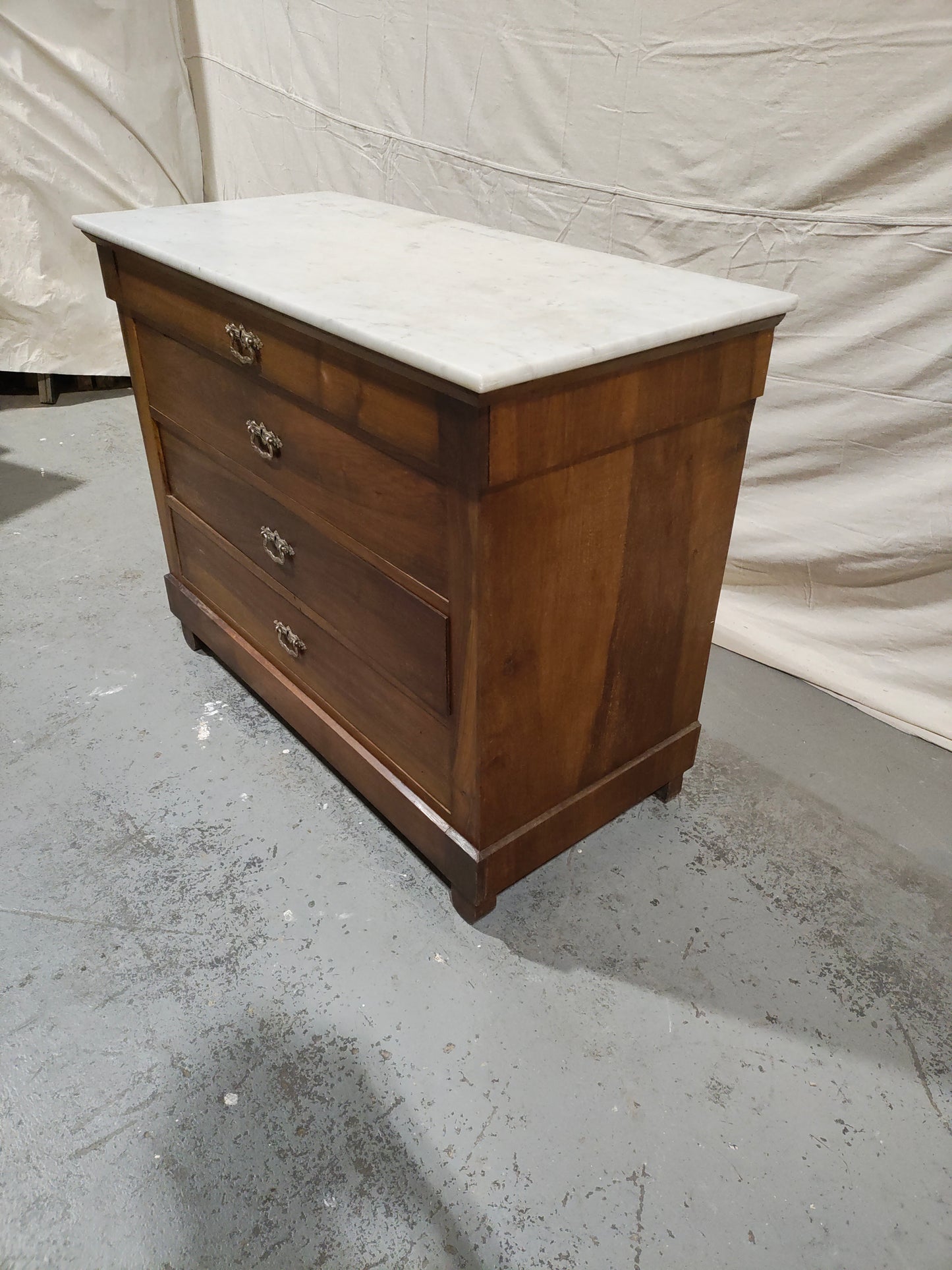 Antique French Louis Philippe Four-Drawer Walnut Commode with Carrara Marble Top