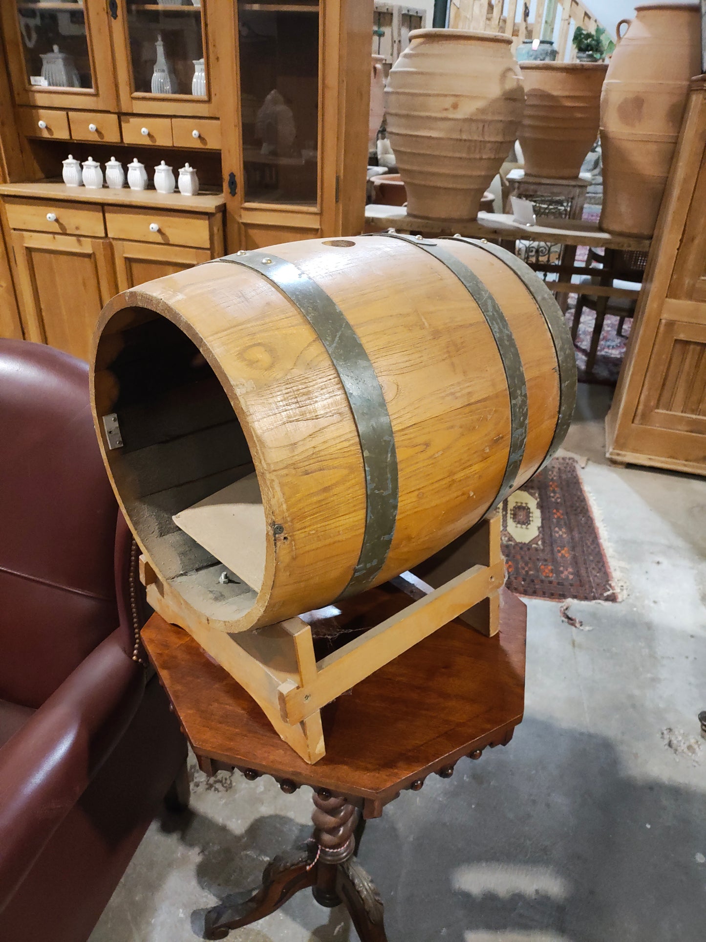 Rustic Oak Wine Barrel Dog Bed / Cabinet on Stand