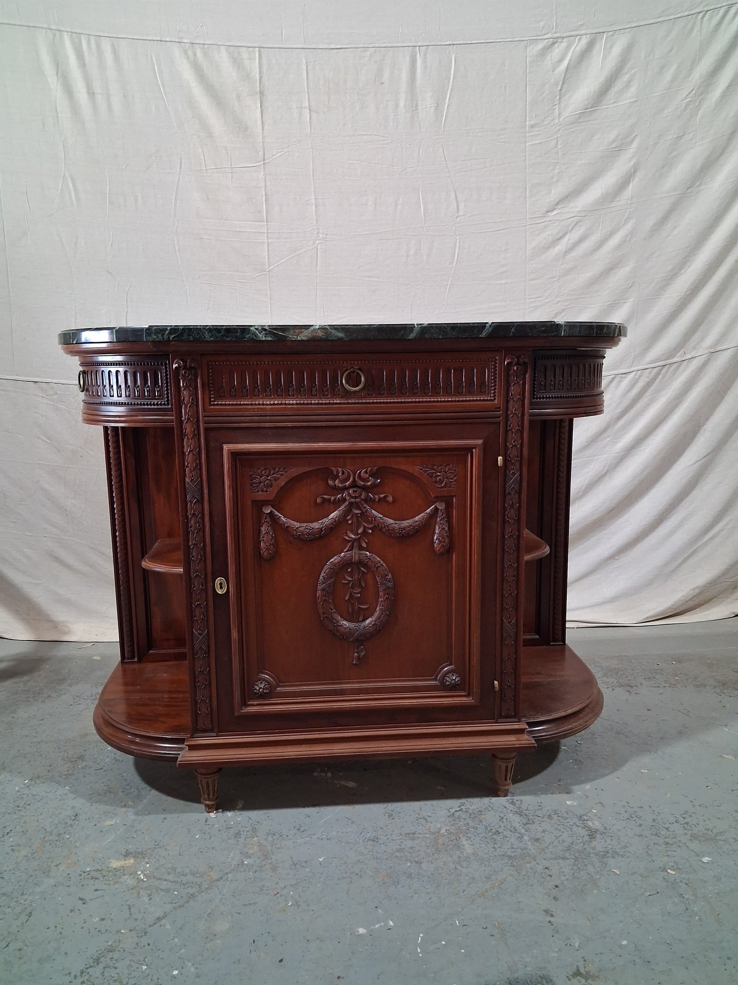 Antique French Louis XVI Revival Mahogany Marble Top Dining Room Suite, Circa 1890
