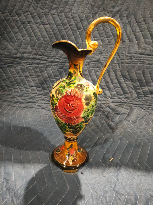 Italian Murano Glass Ewer with Floral Enamel
