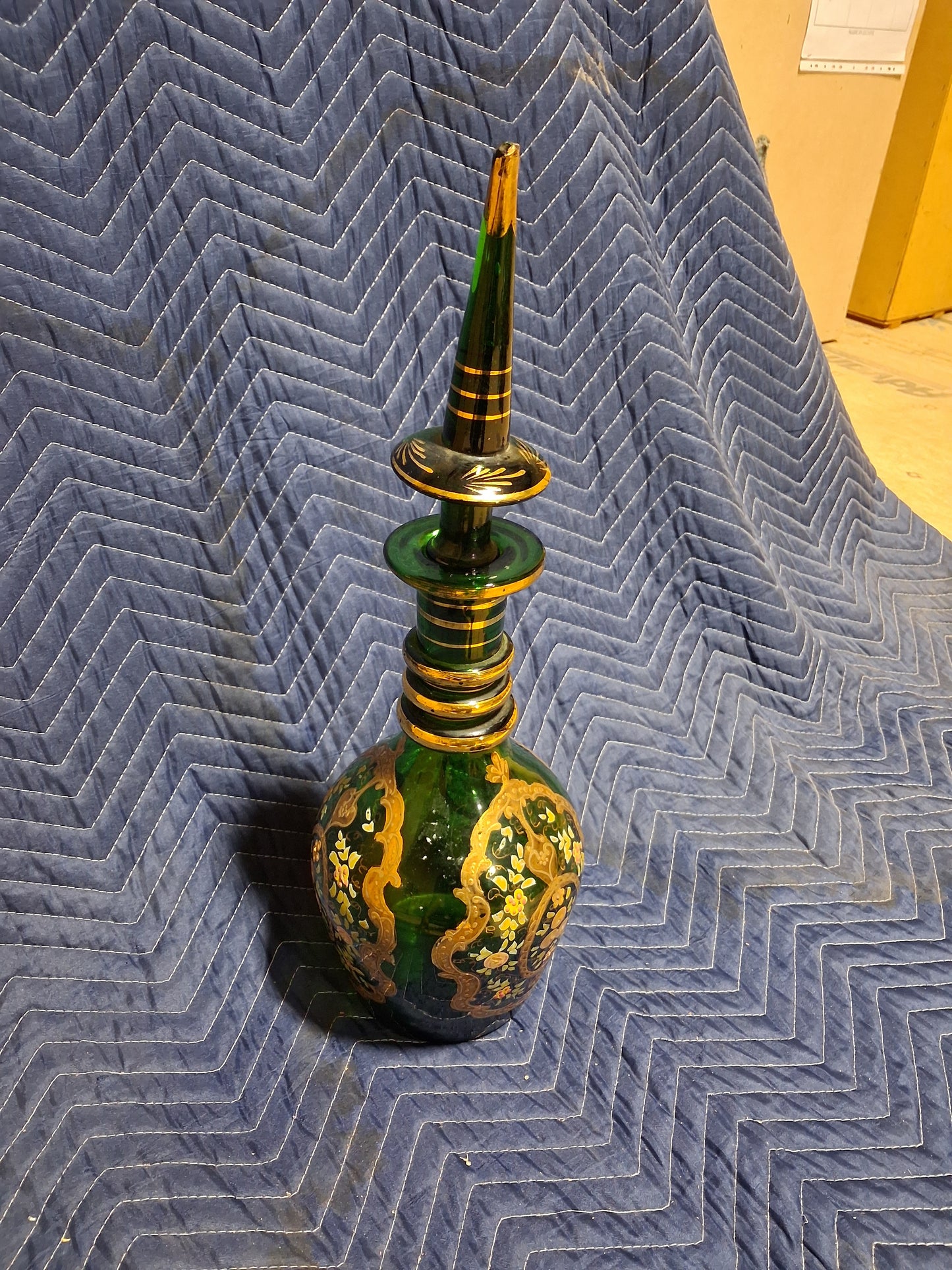 Antique Bohemian Emerald Green Art Glass Decanter with Gilt Decoration
