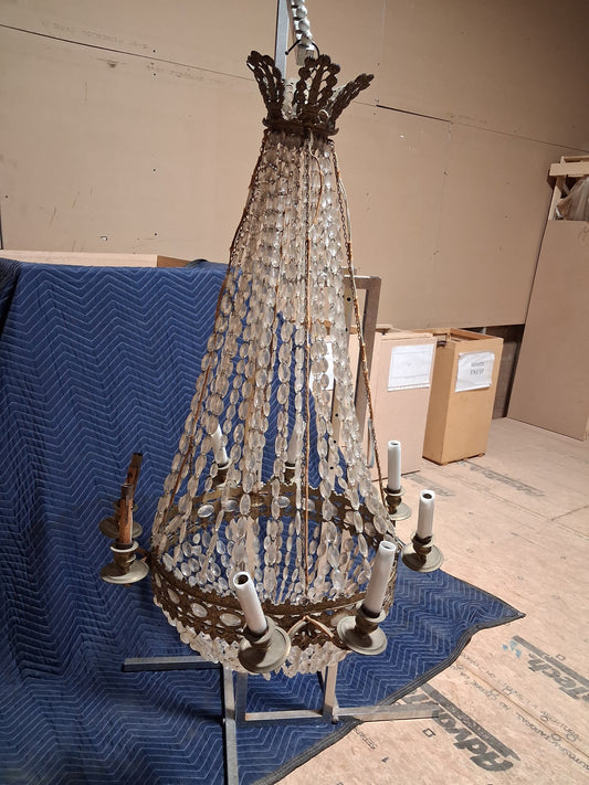 Antique French Empire Style Basket Chandelier with Faceted Glass Prisms c. 1880