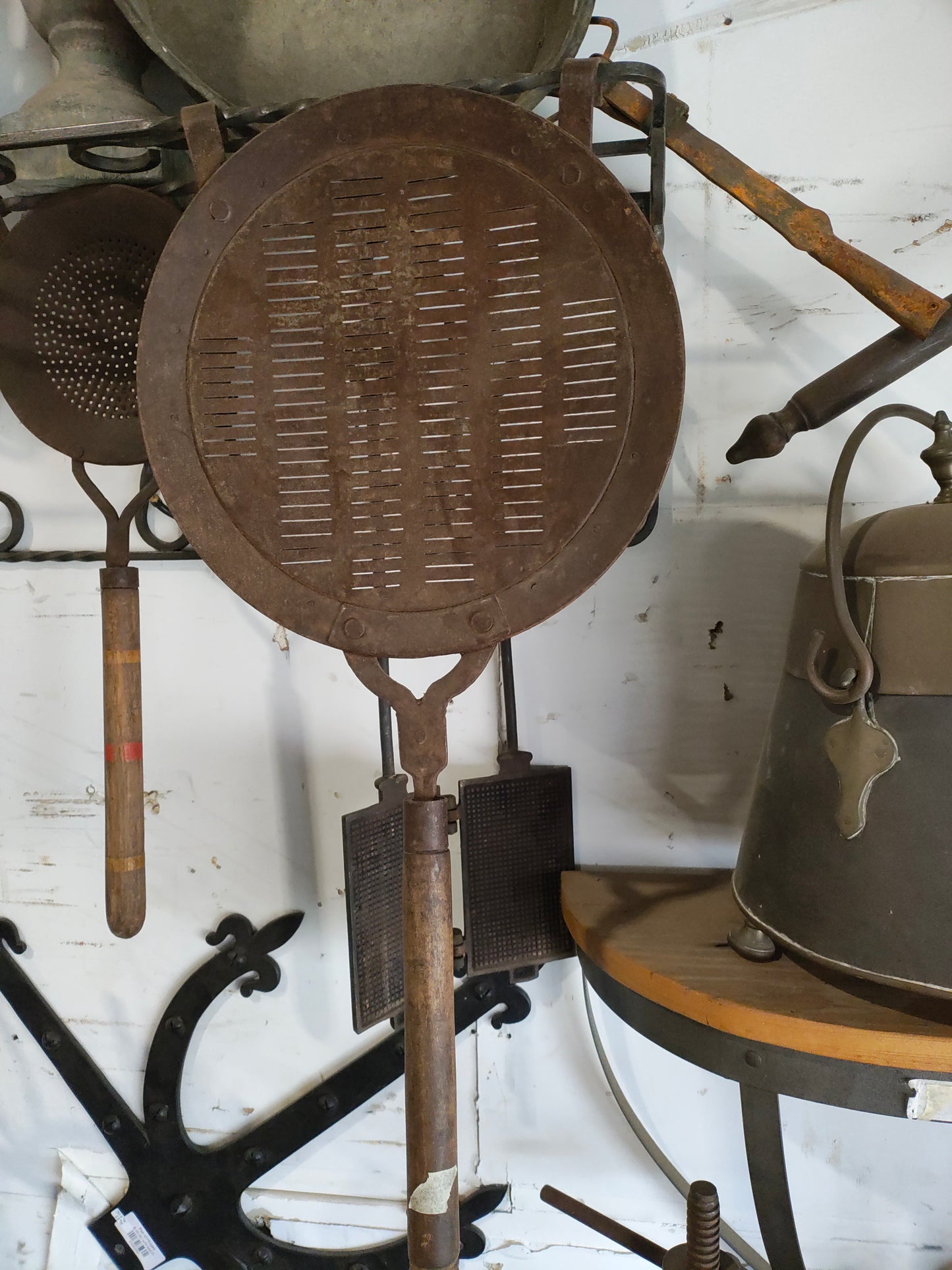 Antique Iron Kitchen Skimmer with Wooden Handle