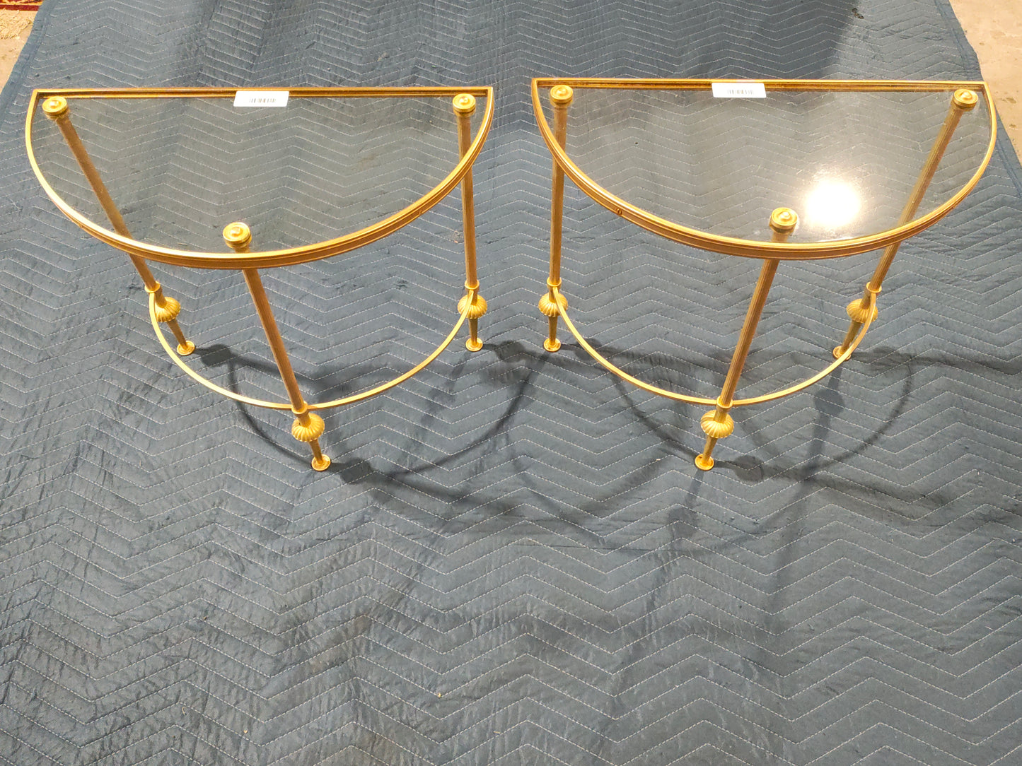 Pair of French Gilt Brass Demi-Lune Console Tables with Glass Tops