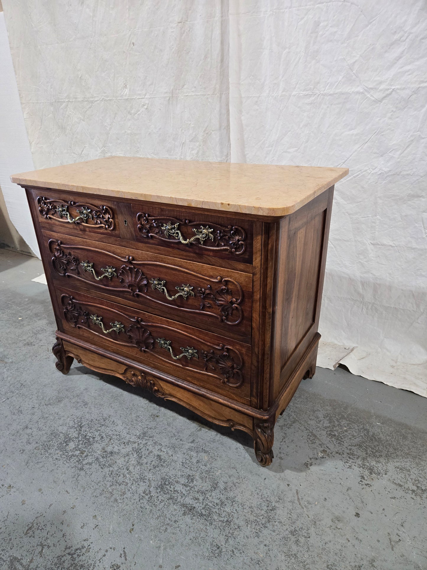 Late 1800s Louis XV oak commode with marble