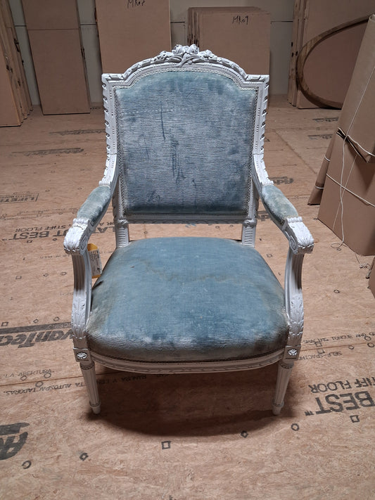 Antique French Louis XVI Painted Blue Bergère Armchair, Circa 1920
