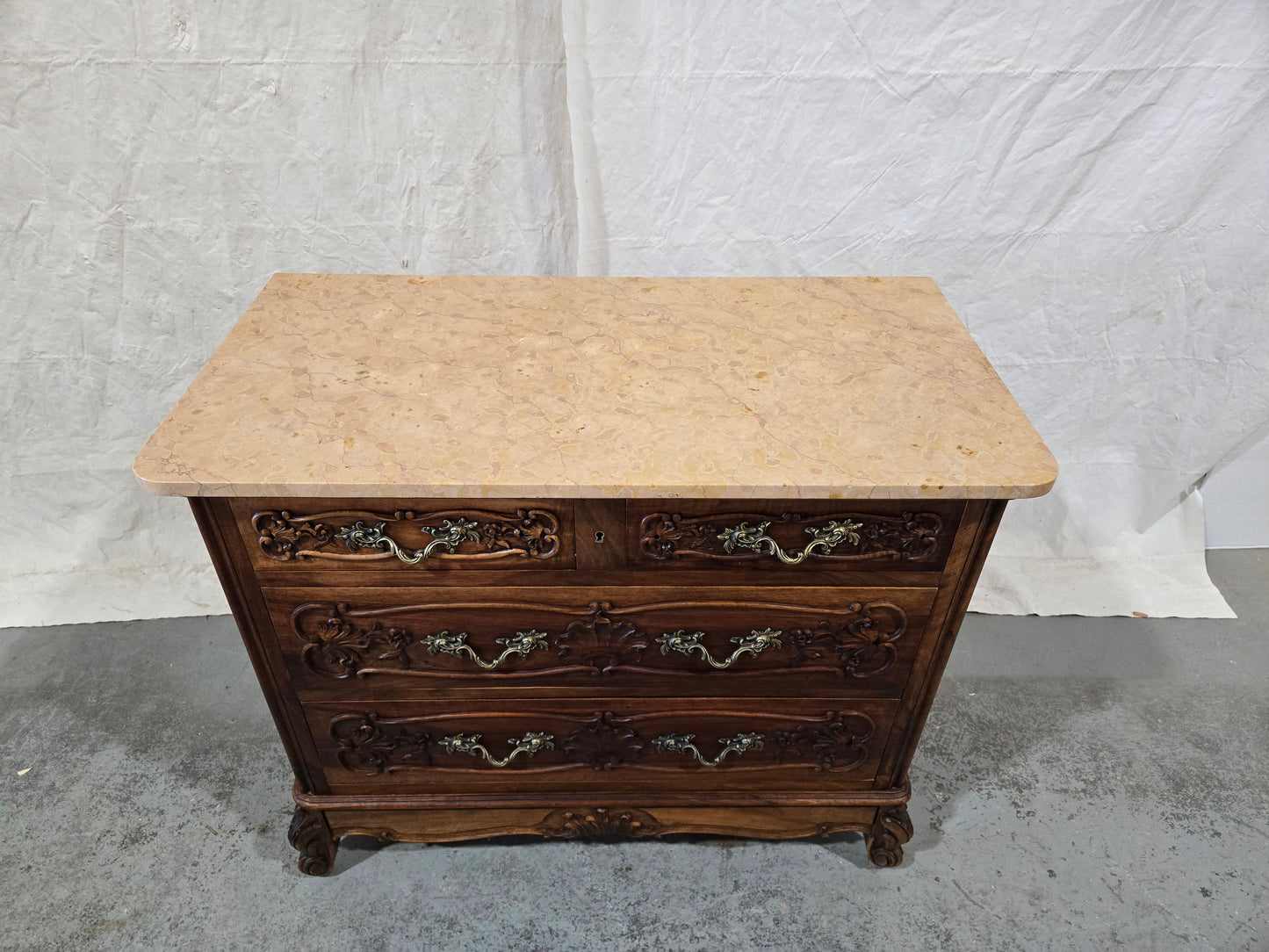 Late 1800s Louis XV oak commode with marble