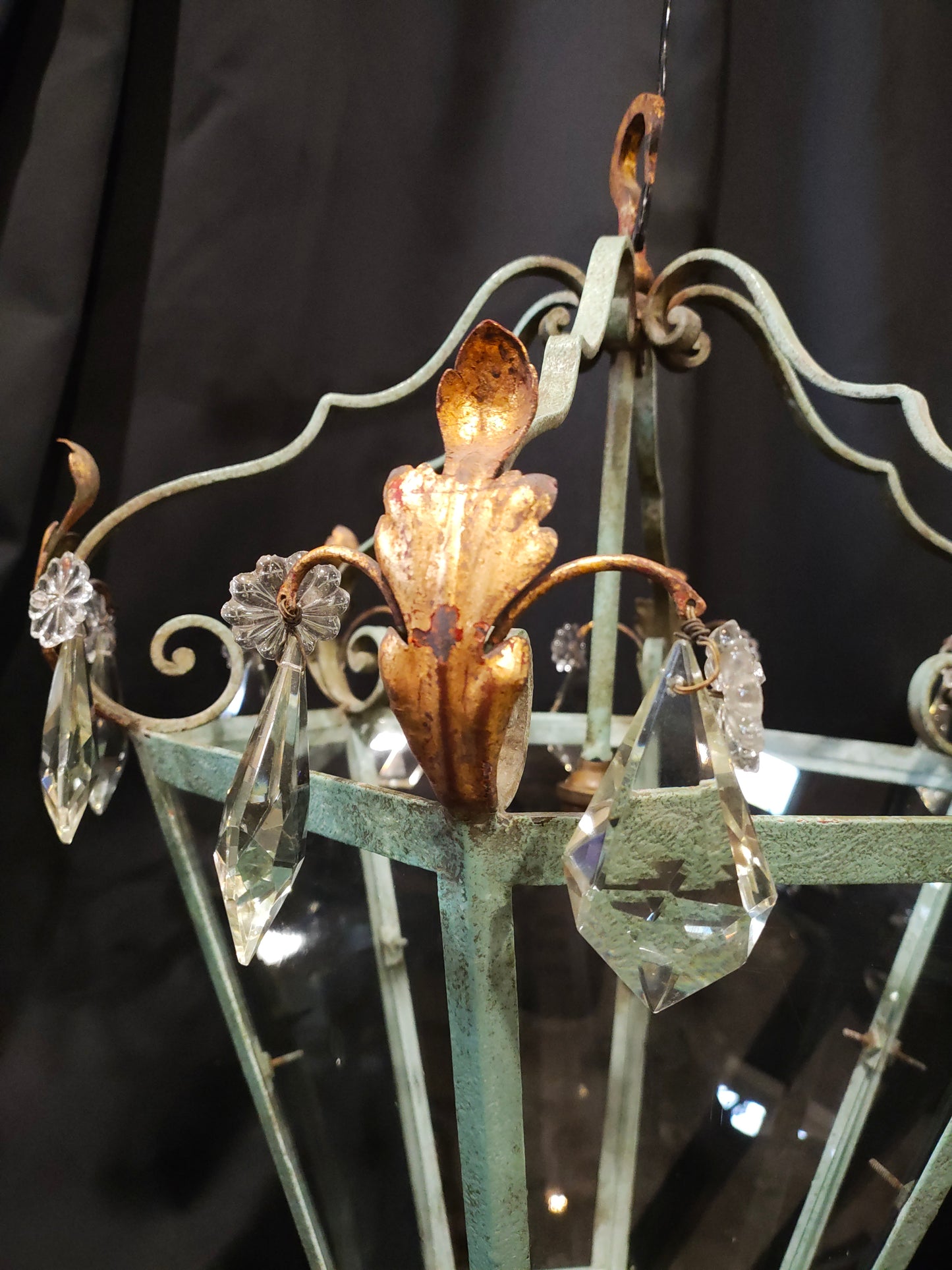 French Provincial Verdigris Iron & Crystal Lantern Chandelier
