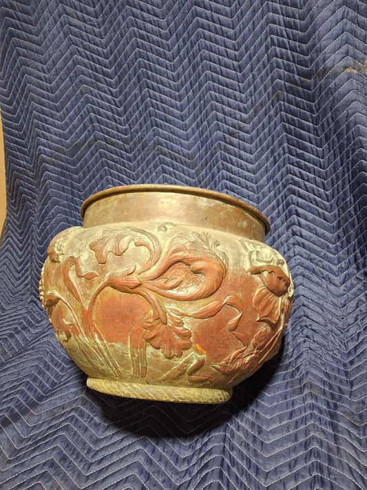 Large French Art Nouveau Copper Jardinière with Floral Relief Decoration