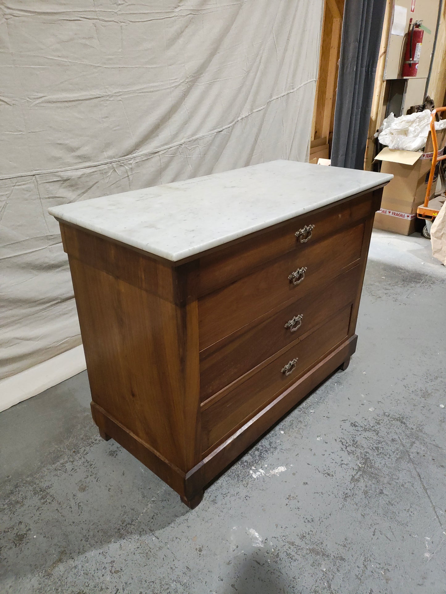 Antique French Louis Philippe Four-Drawer Walnut Commode with Carrara Marble Top