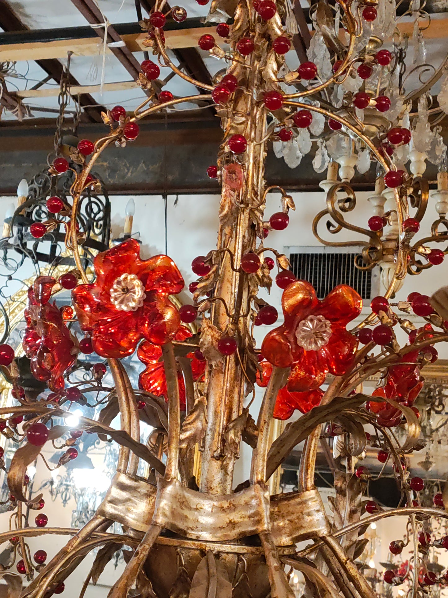 1940s French Gilt Metal Floral Chandelier with Red Glass Berry Accents – Marseille