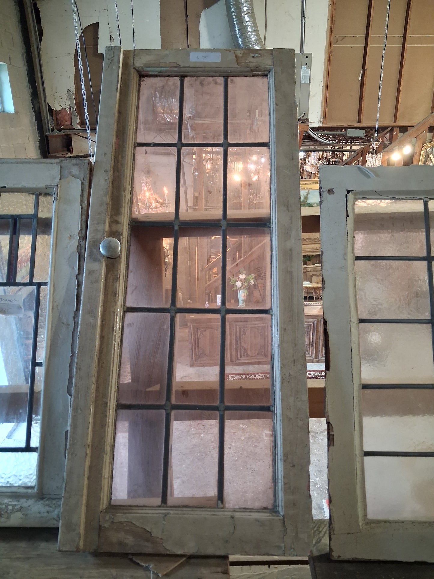 Antique Tall Leaded Glass Cabinet Door with Pink Textured Panes