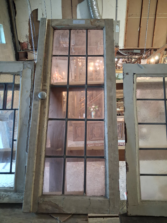 Antique Tall Leaded Glass Cabinet Door with Pink Textured Panes