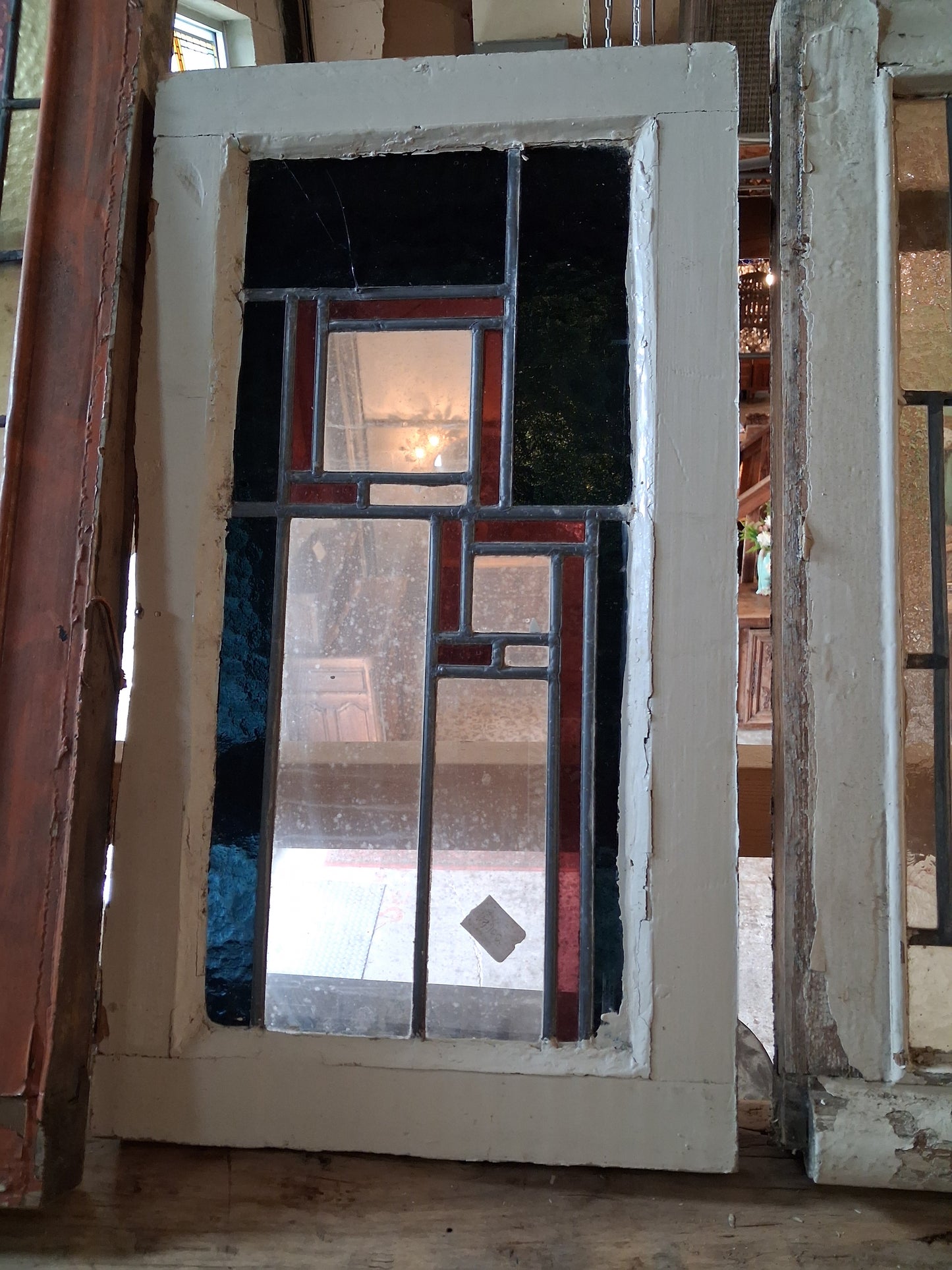 Antique Geometric Stained Glass Window Panel with Red & Blue Accents