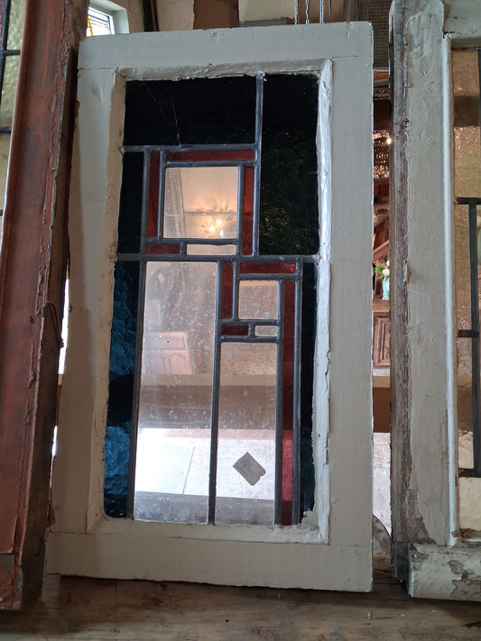 Antique Geometric Stained Glass Window Panel with Red & Blue Accents