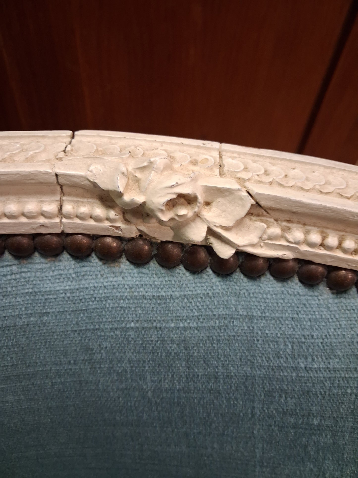 French Louis XVI Style Painted Settee with Tufted Blue Upholstery, Circa 1920
