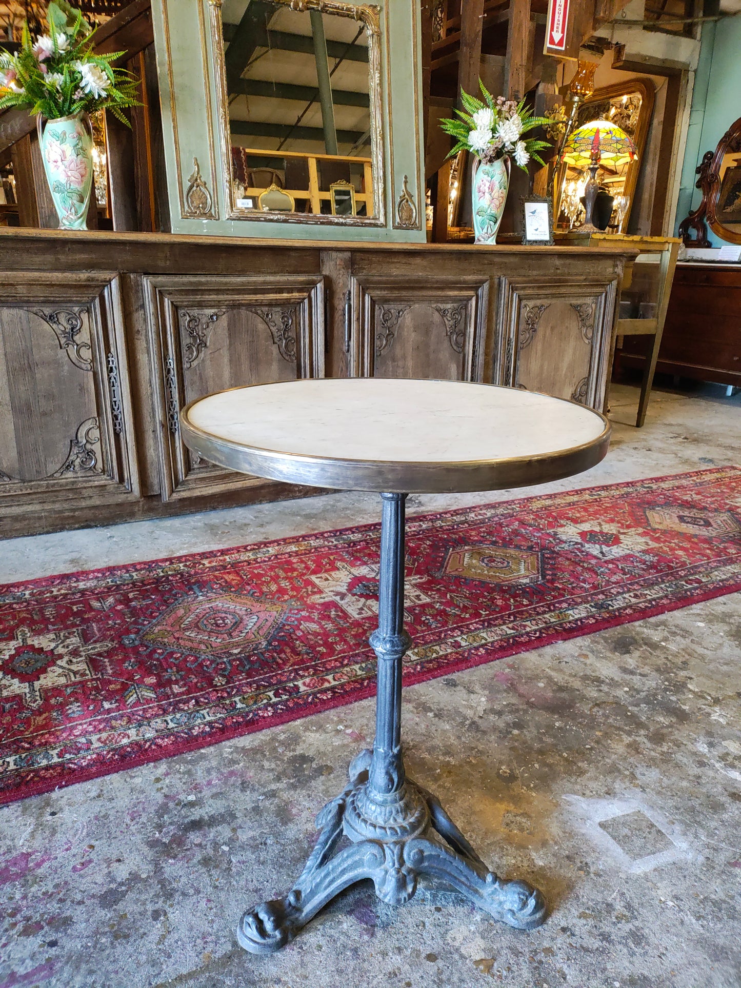 Antique French Marble-Top Bistro Table by Godin Cast Iron Café Base