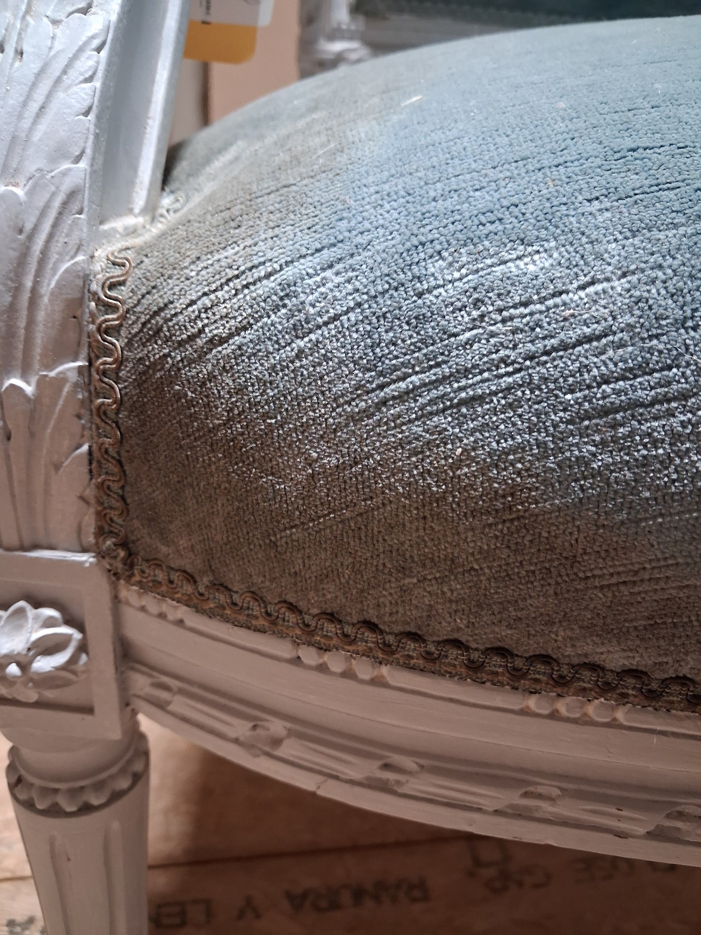 Antique French Louis XVI Painted Blue Bergère Armchair, Circa 1920