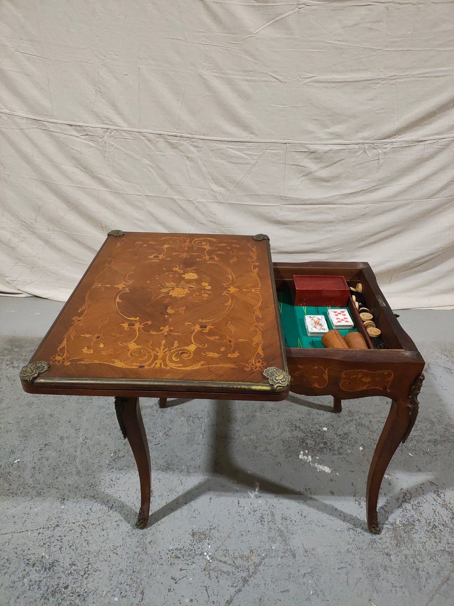 French Louis XV Style Marquetry Convertible Game Table with Chess & Backgammon