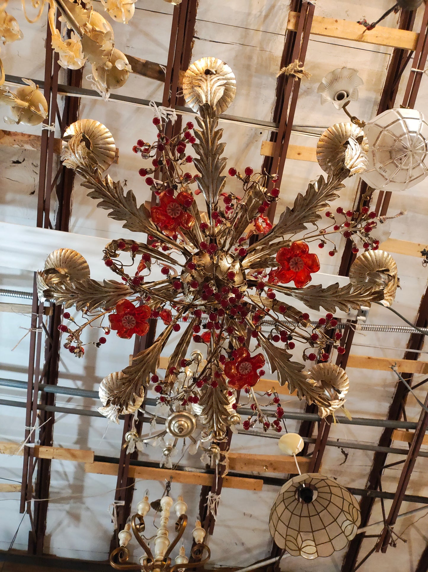 1940s French Gilt Metal Floral Chandelier with Red Glass Berry Accents – Marseille