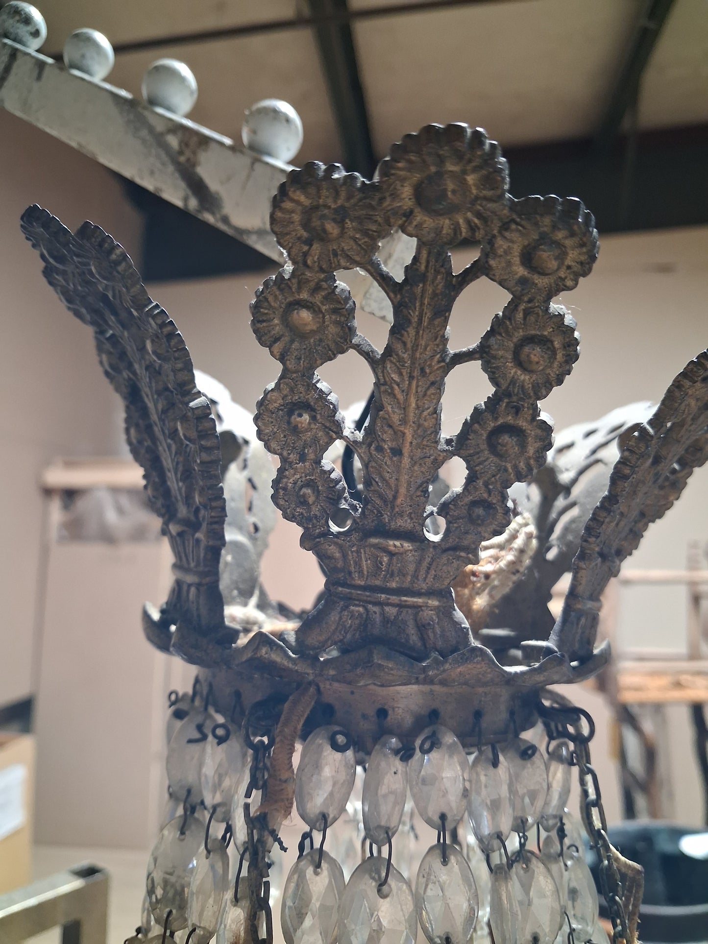 Antique French Empire Style Basket Chandelier with Faceted Glass Prisms c. 1880