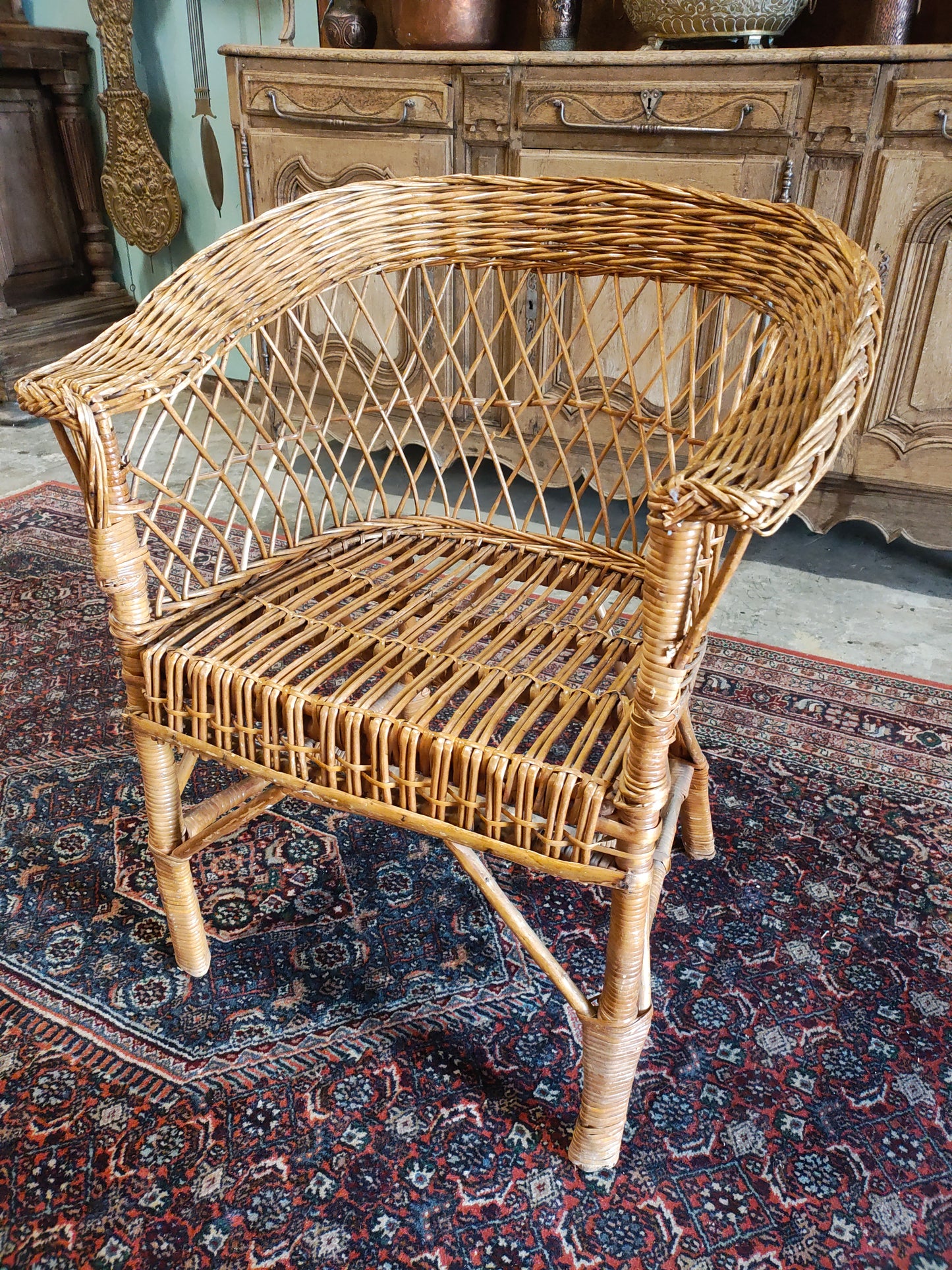 Mid-Century Rattan Barrel Back Lounge Chairs with Round Wicker Table – Set of 5