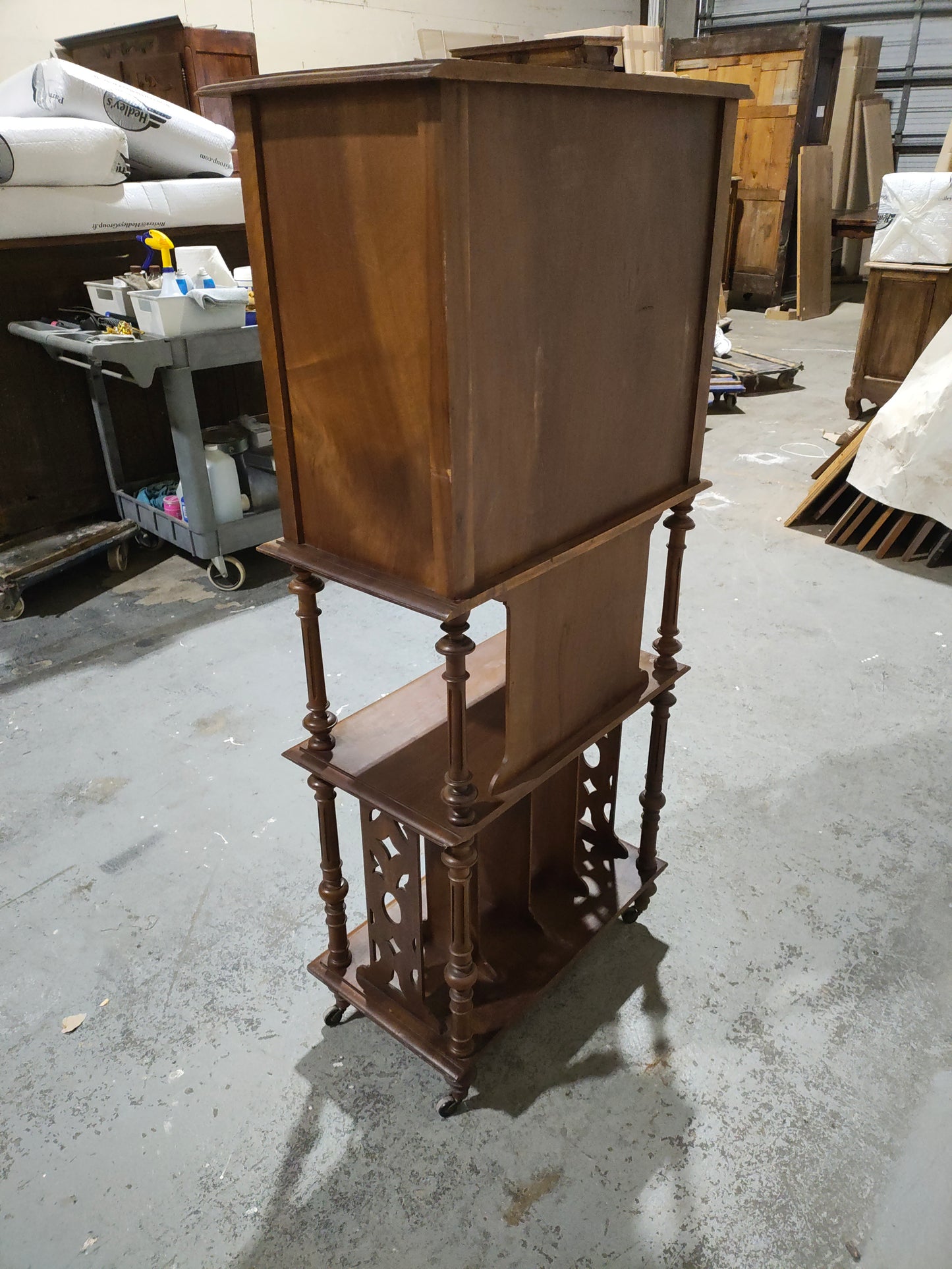 Antique Victorian Walnut Sheet Music Cabinet / Record Cabinet with Patterned Glass