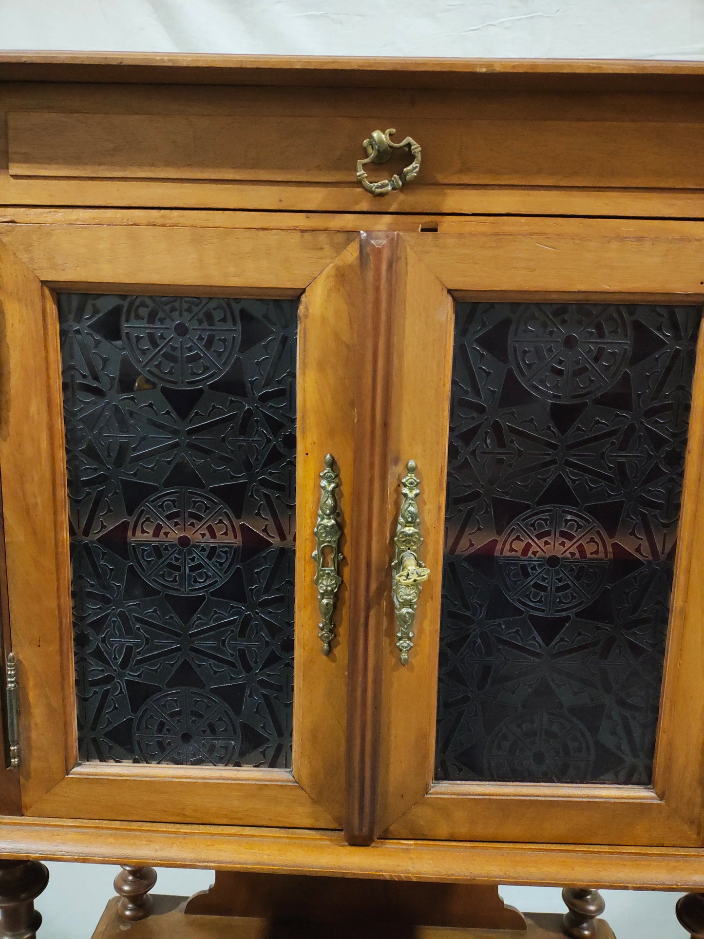 Antique Victorian Walnut Sheet Music Cabinet / Record Cabinet with Patterned Glass