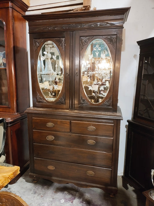Late 1800s Victorian etched glass hutch