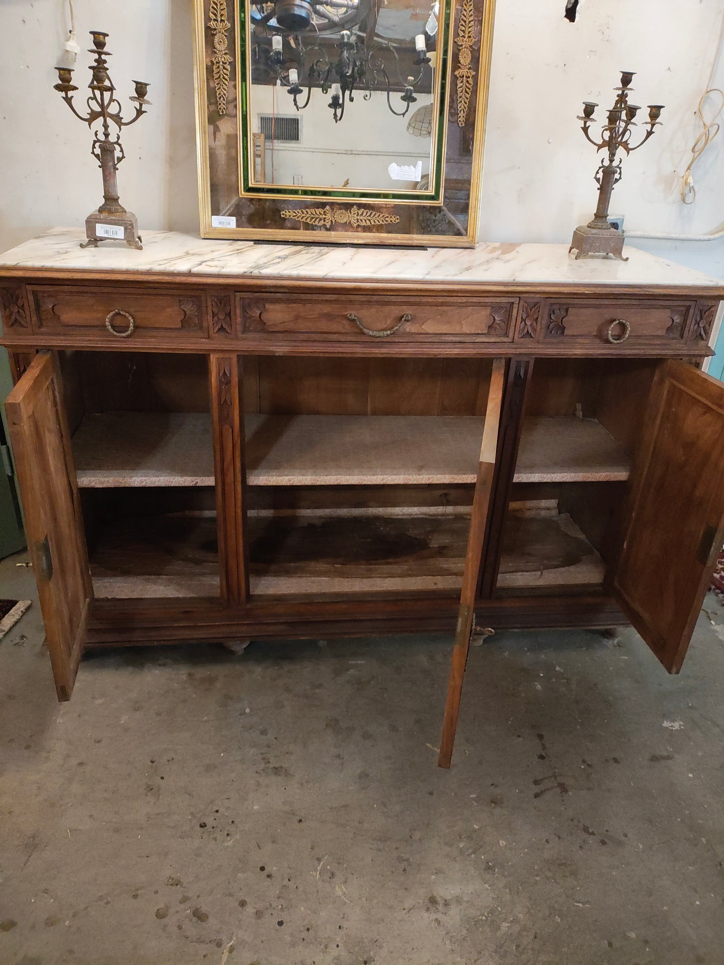 Antique French Carved Marble Top Buffet / Sideboard, Circa 1800