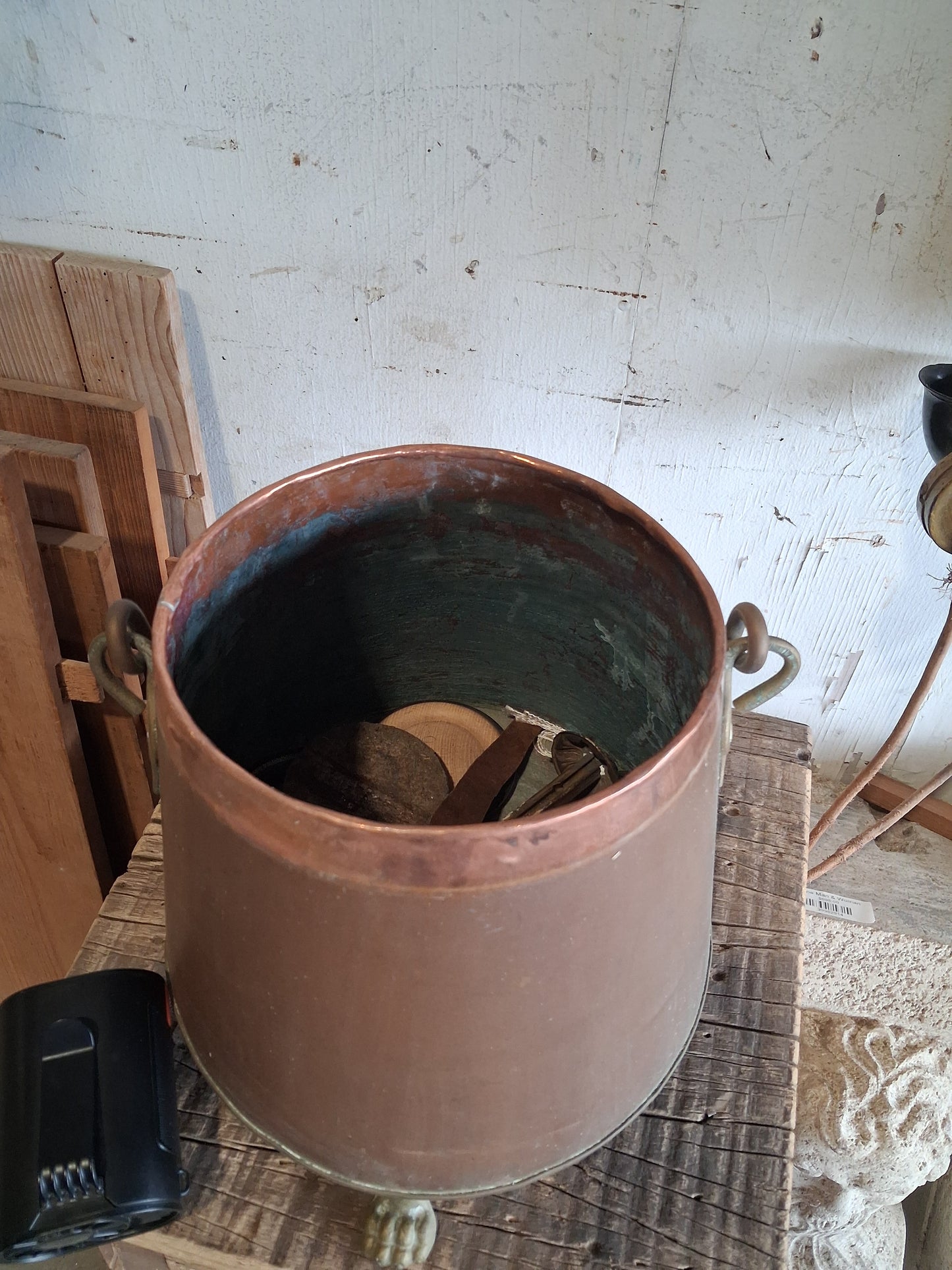 Antique Copper and Brass Covered Coal Scuttle / Fireplace Fuel Bin