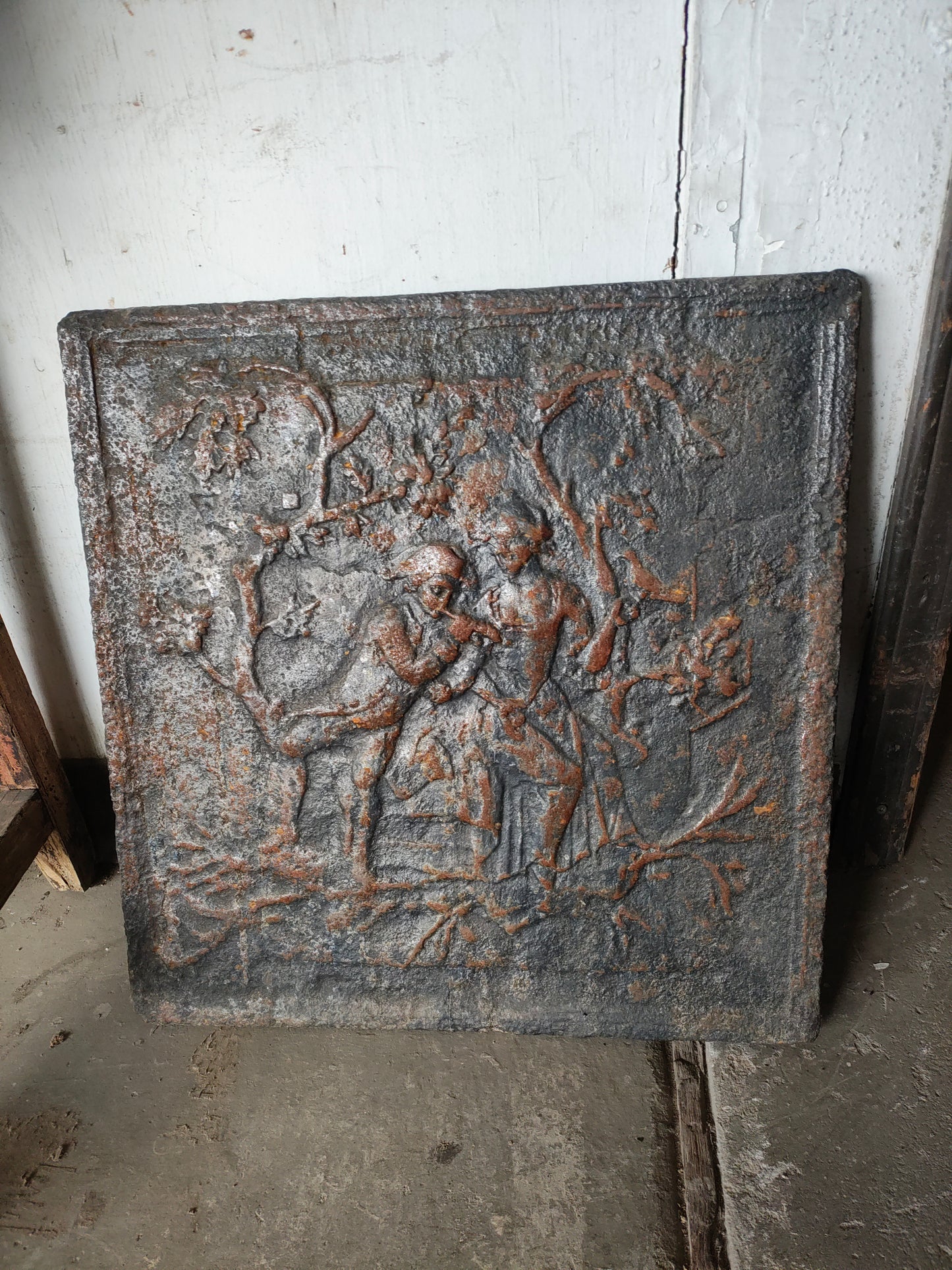 Figural Cast Iron Fireplace Fireback with Romantic Pastoral Scene