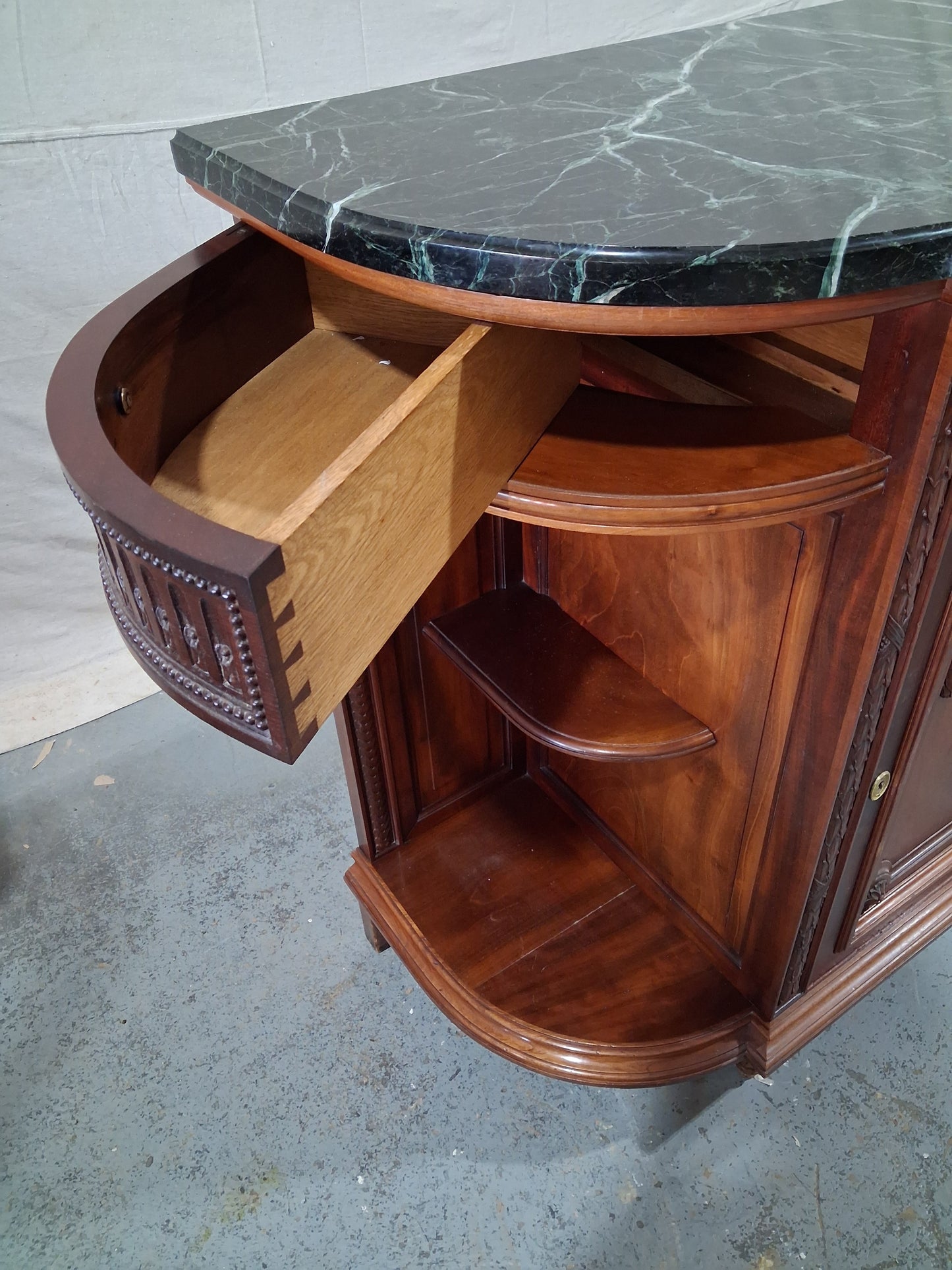 Antique French Louis XVI Revival Mahogany Marble Top Dining Room Suite, Circa 1890