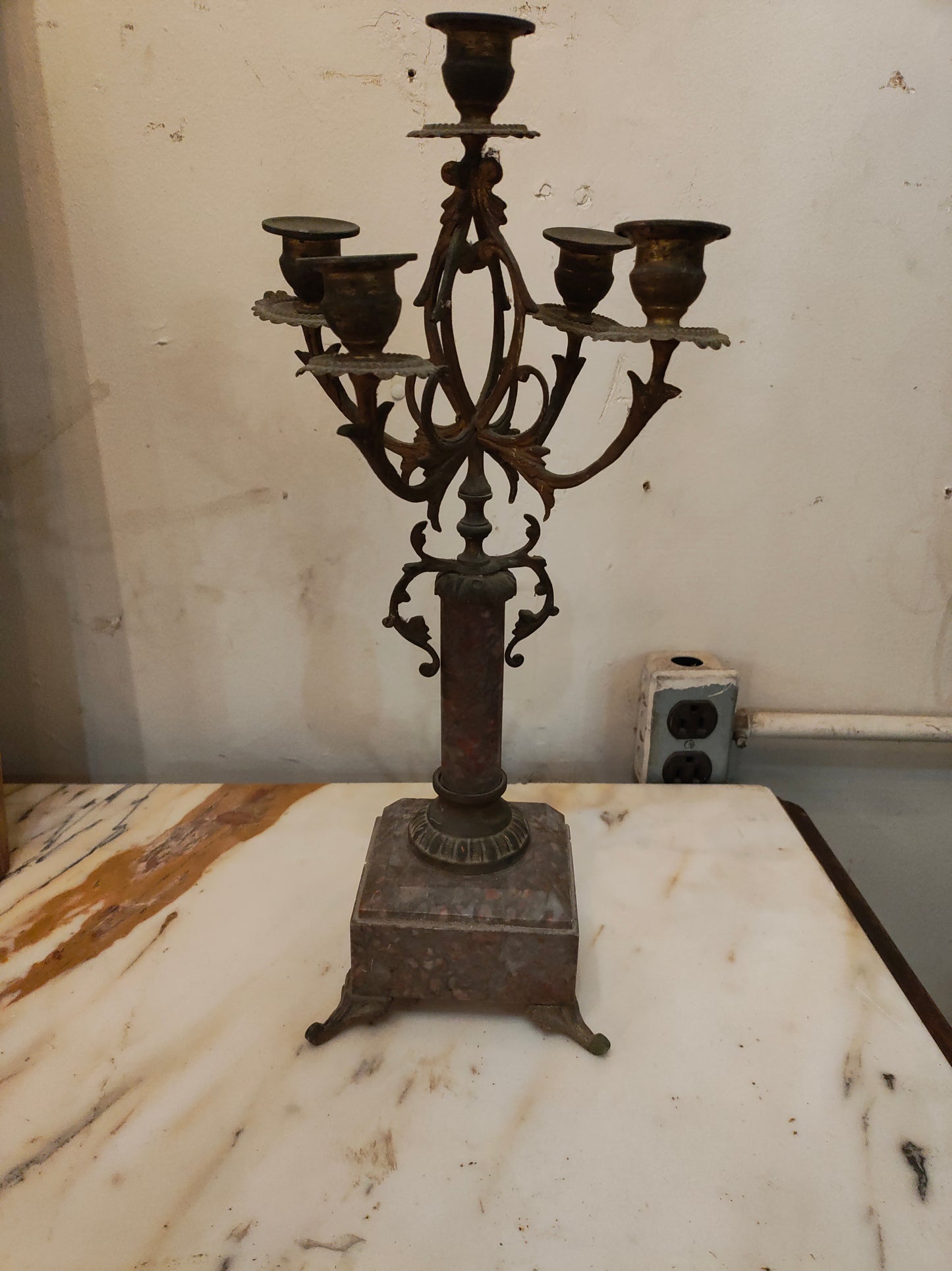 Pair of French Neoclassical Bronze & Stone Candelabras, c. 1880
