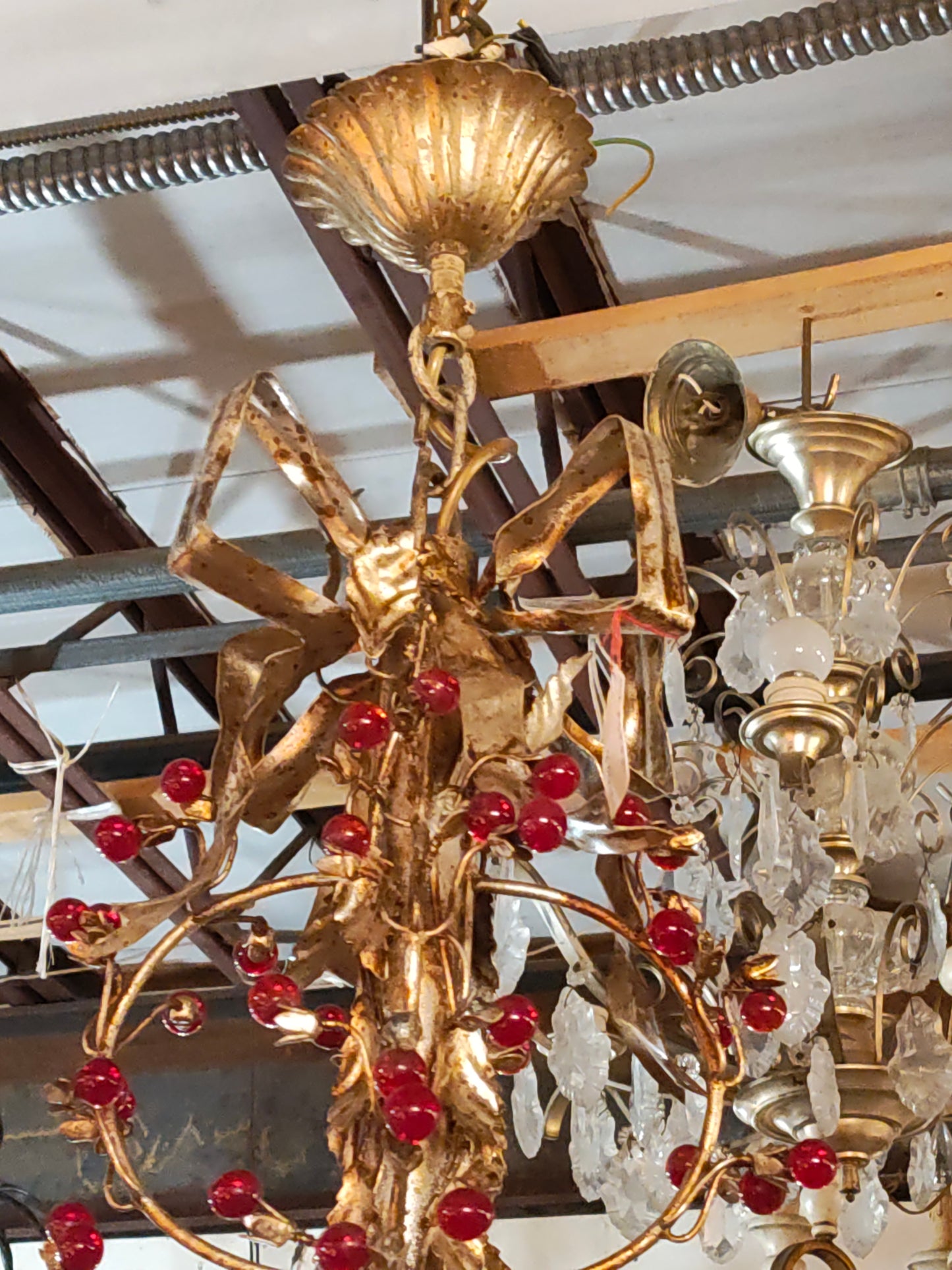1940s French Gilt Metal Floral Chandelier with Red Glass Berry Accents – Marseille