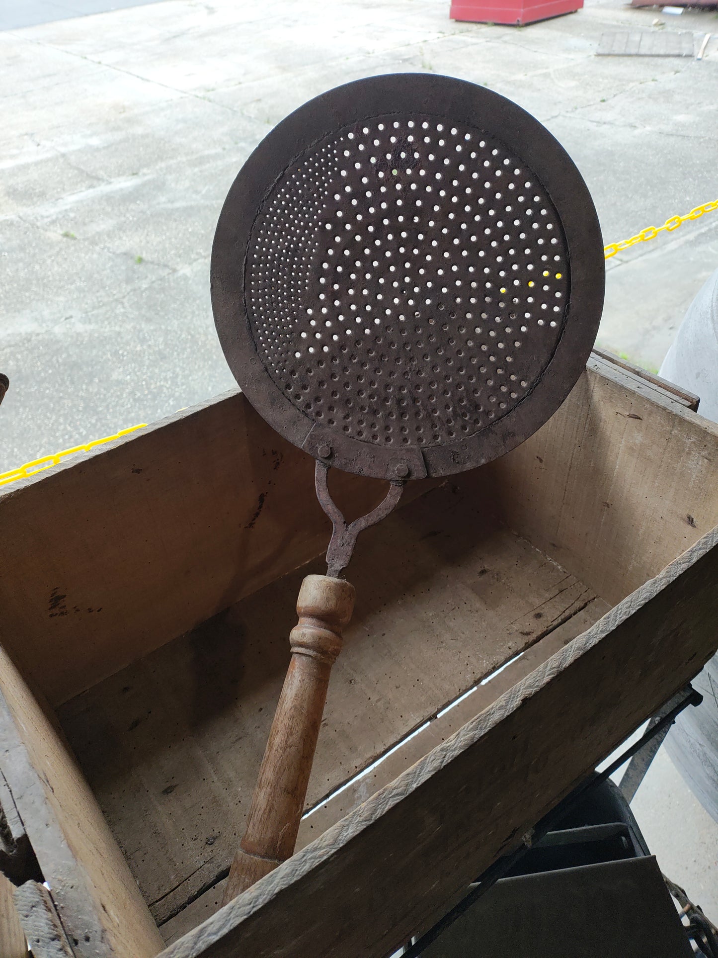 Antique Iron Kitchen Skimmer with Wooden Handle