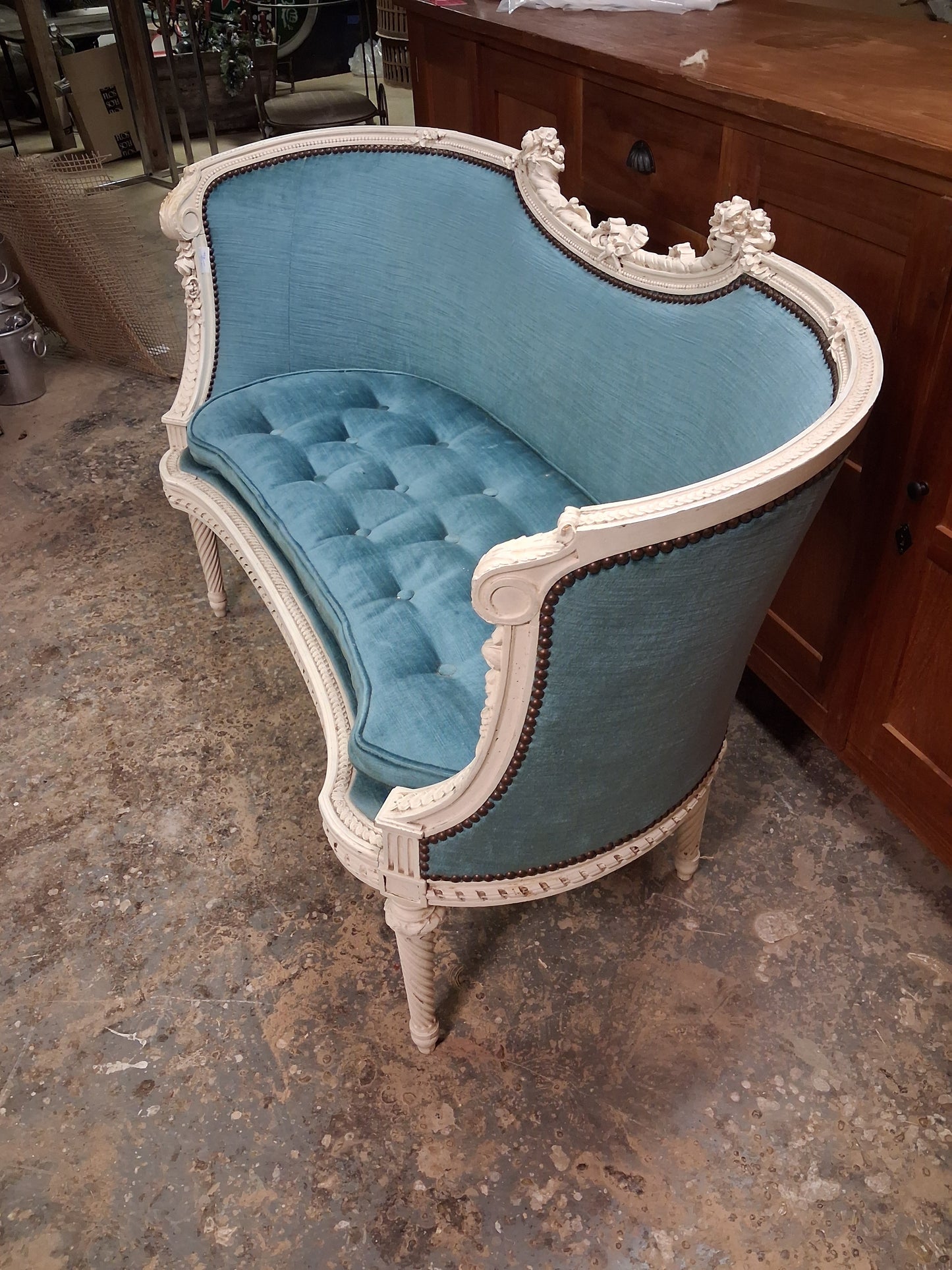 French Louis XVI Style Painted Settee with Tufted Blue Upholstery, Circa 1920