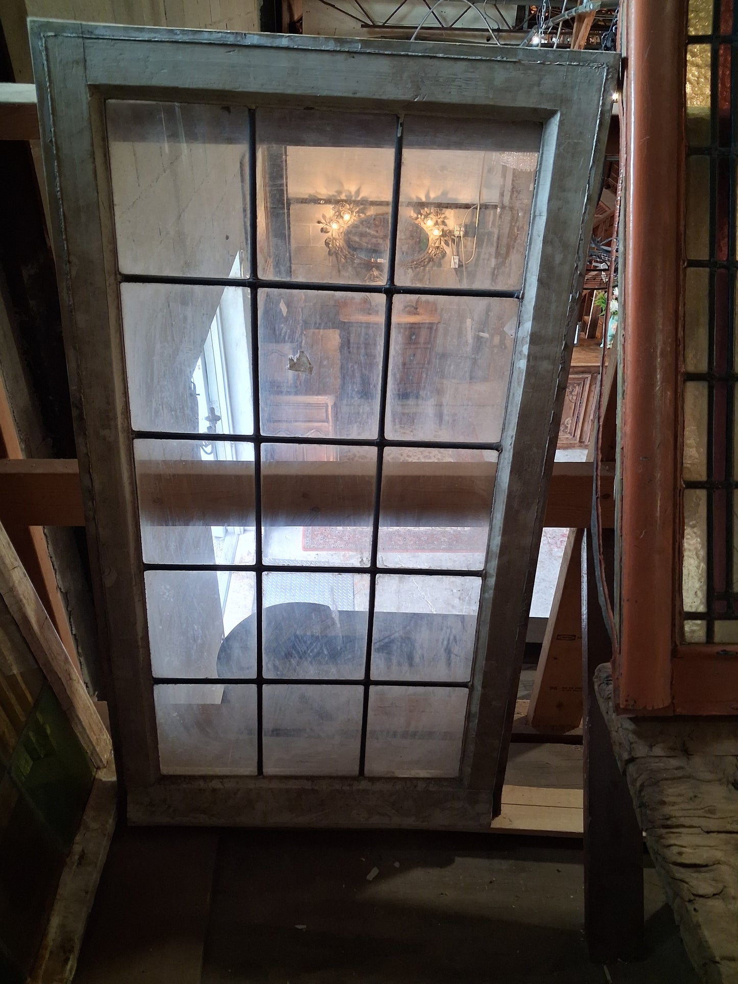 Antique 15-Pane Leaded Glass Window with Weathered Wood Frame