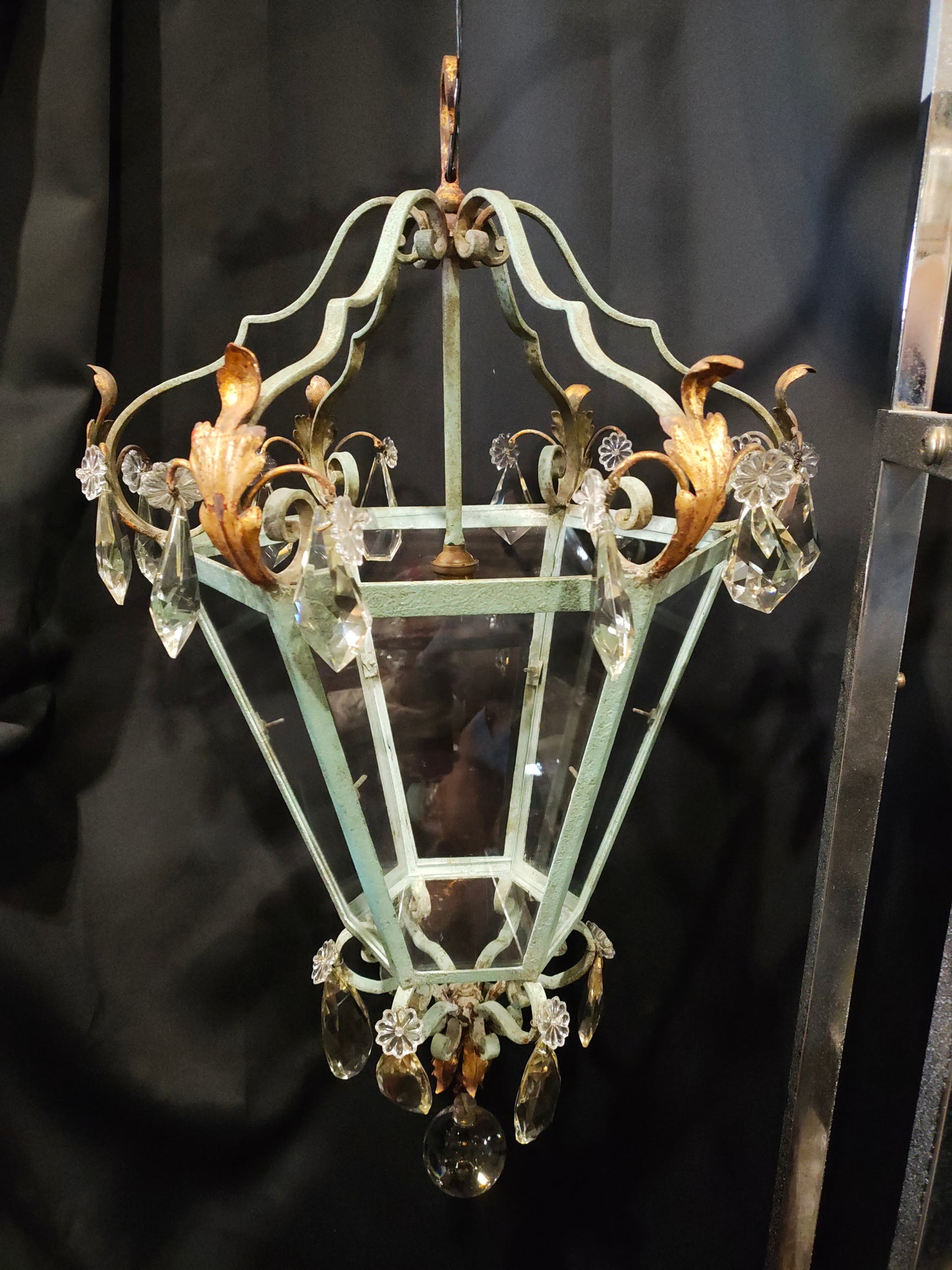 French Provincial Verdigris Iron & Crystal Lantern Chandelier