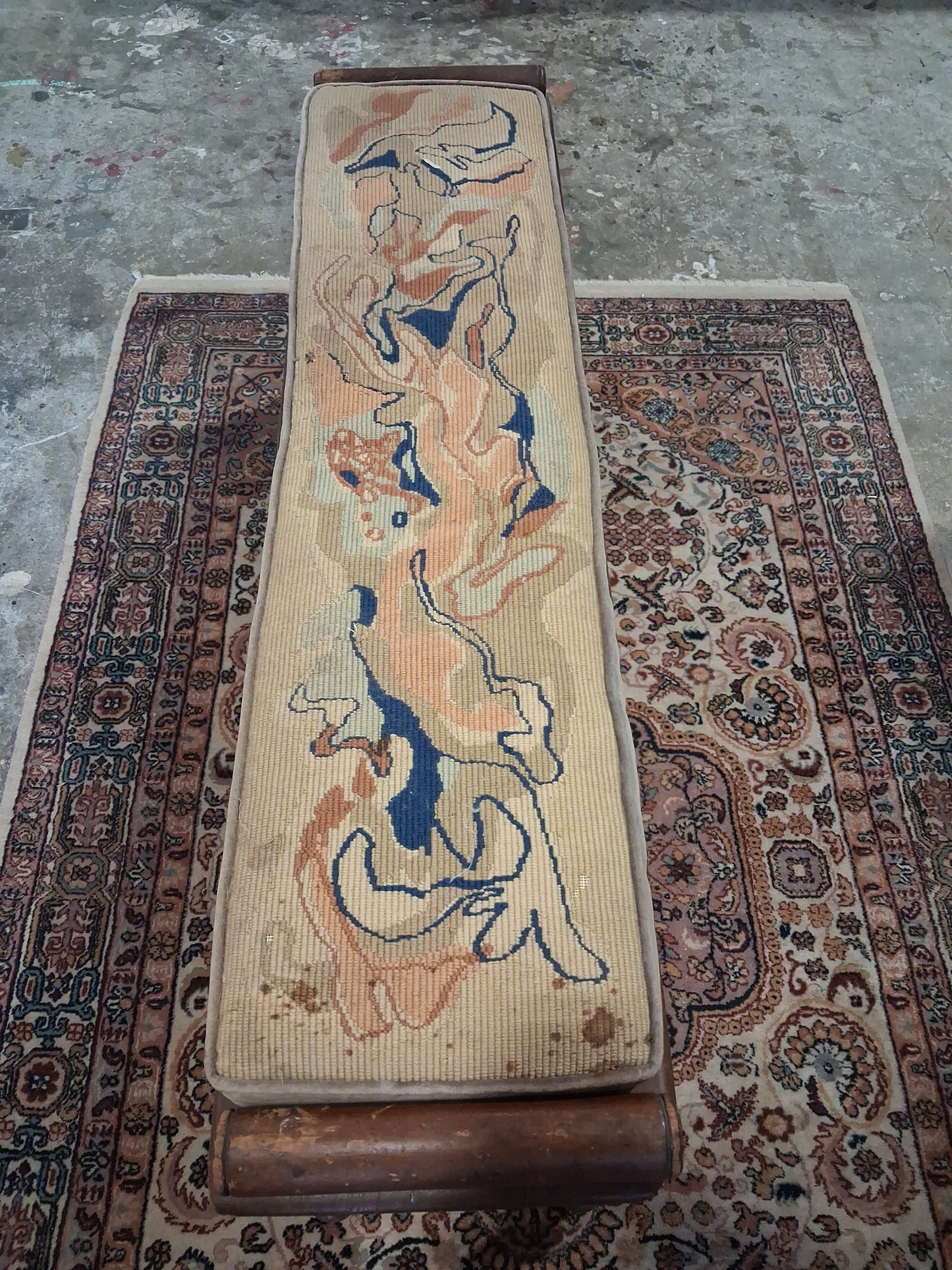 Antique Turned Leg Bench with Vintage Needlepoint Cushion