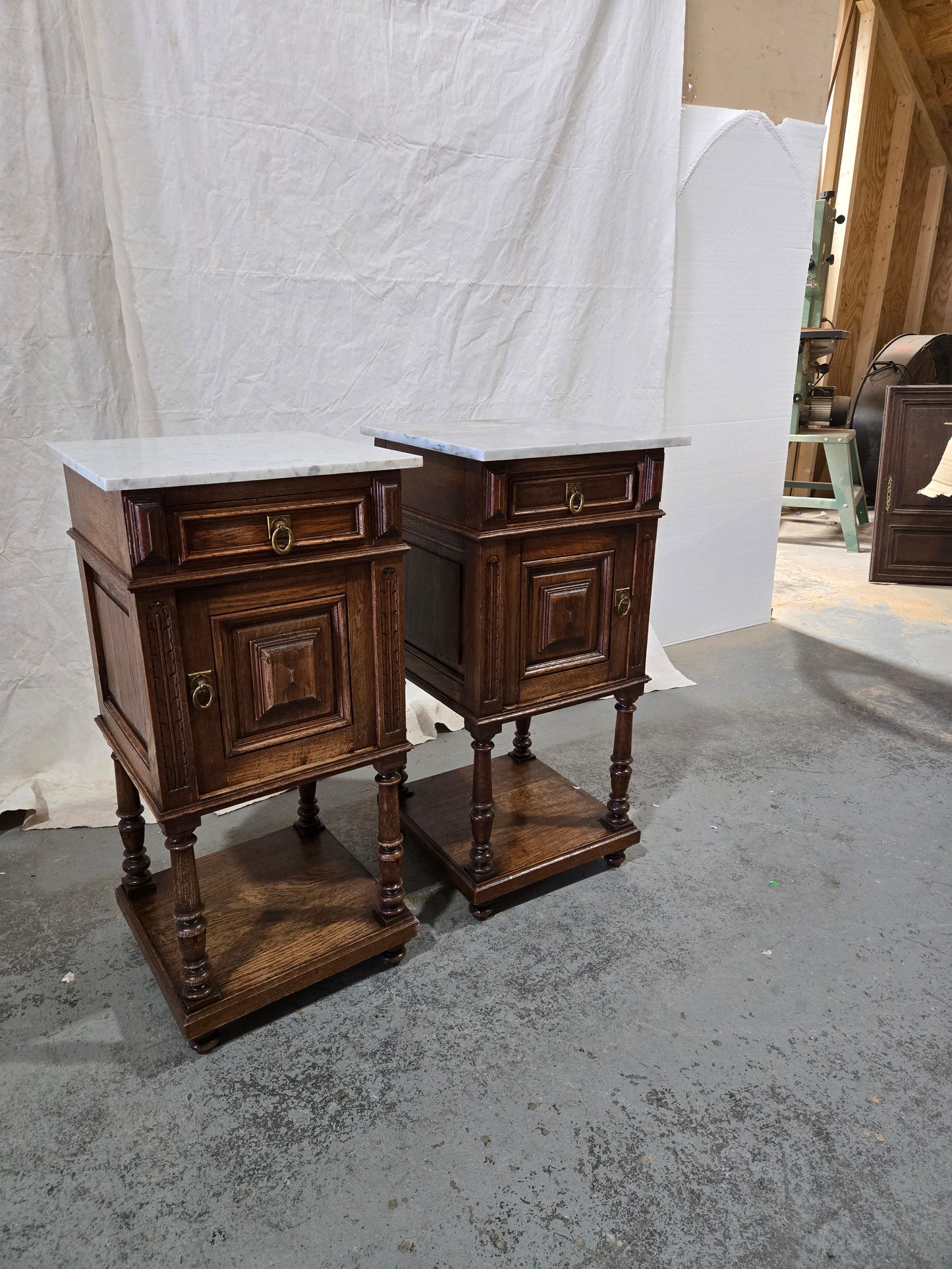 Late 1800s French Revival Oak Nightstand Pair