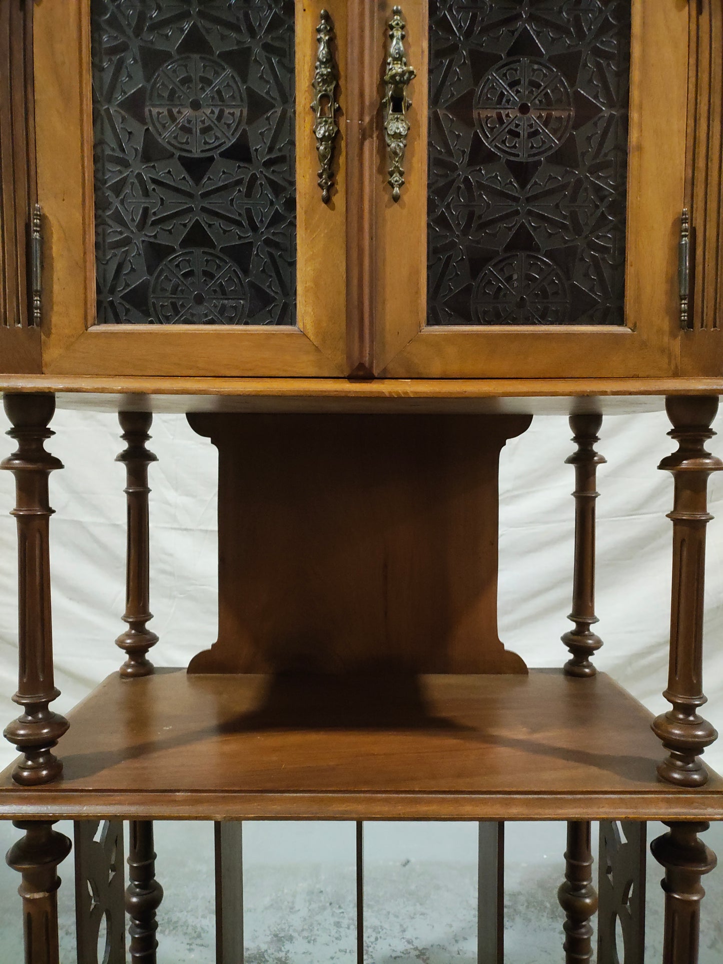 Antique Victorian Walnut Sheet Music Cabinet / Record Cabinet with Patterned Glass