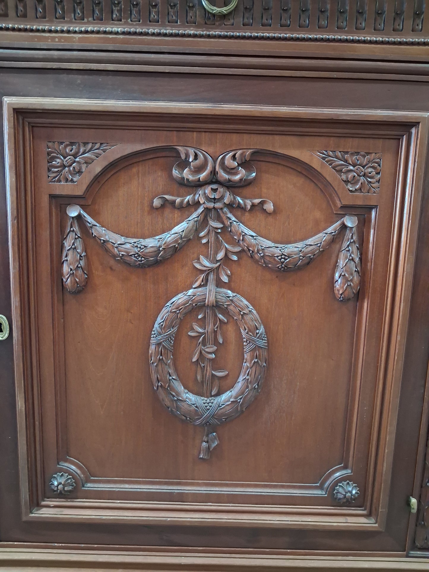 Antique French Louis XVI Revival Mahogany Marble Top Dining Room Suite, Circa 1890