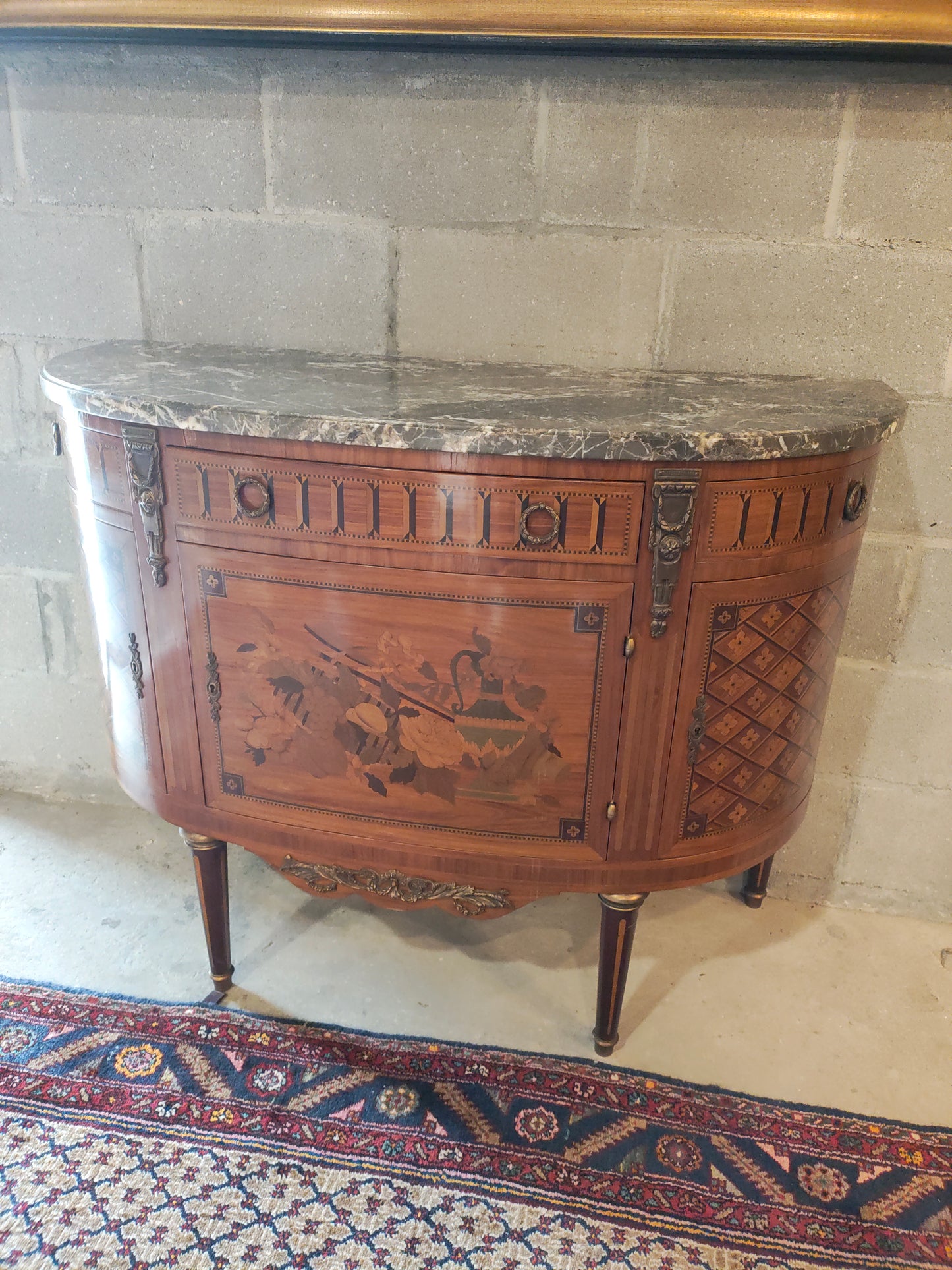 Circa 1900 French Demilune Marble Top Cabinet with Marquetry & Bronze Mounts