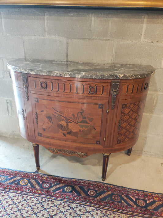 Circa 1900 French Demilune Marble Top Cabinet with Marquetry & Bronze Mounts