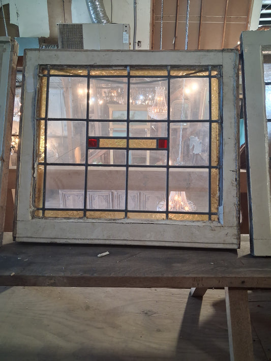 Early 20th C. Arts & Crafts Leaded Glass Window Panel w/ Amber Border