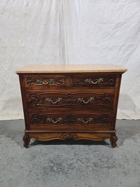 Late 1800s Louis XV oak commode with marble