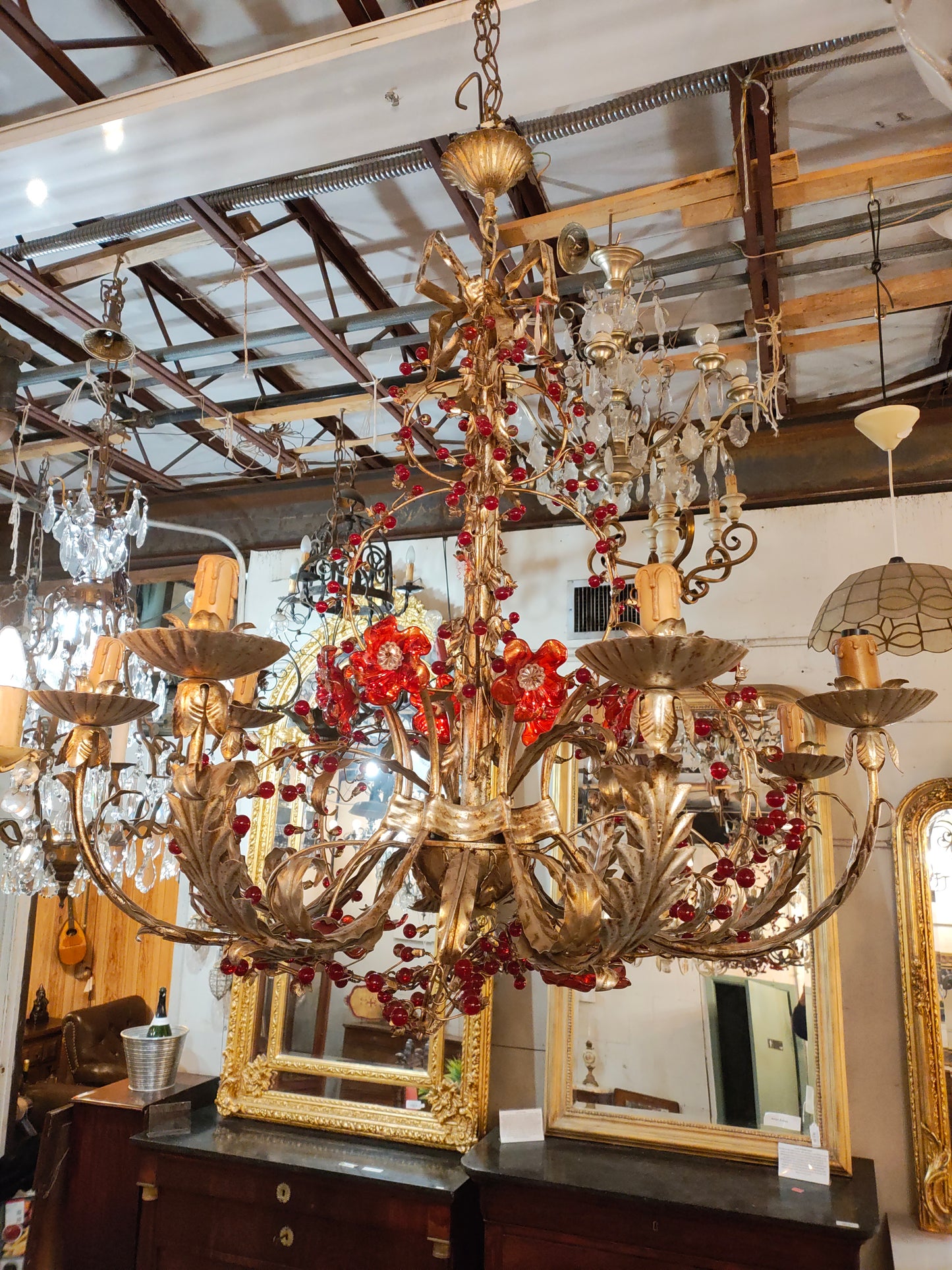 1940s French Gilt Metal Floral Chandelier with Red Glass Berry Accents – Marseille