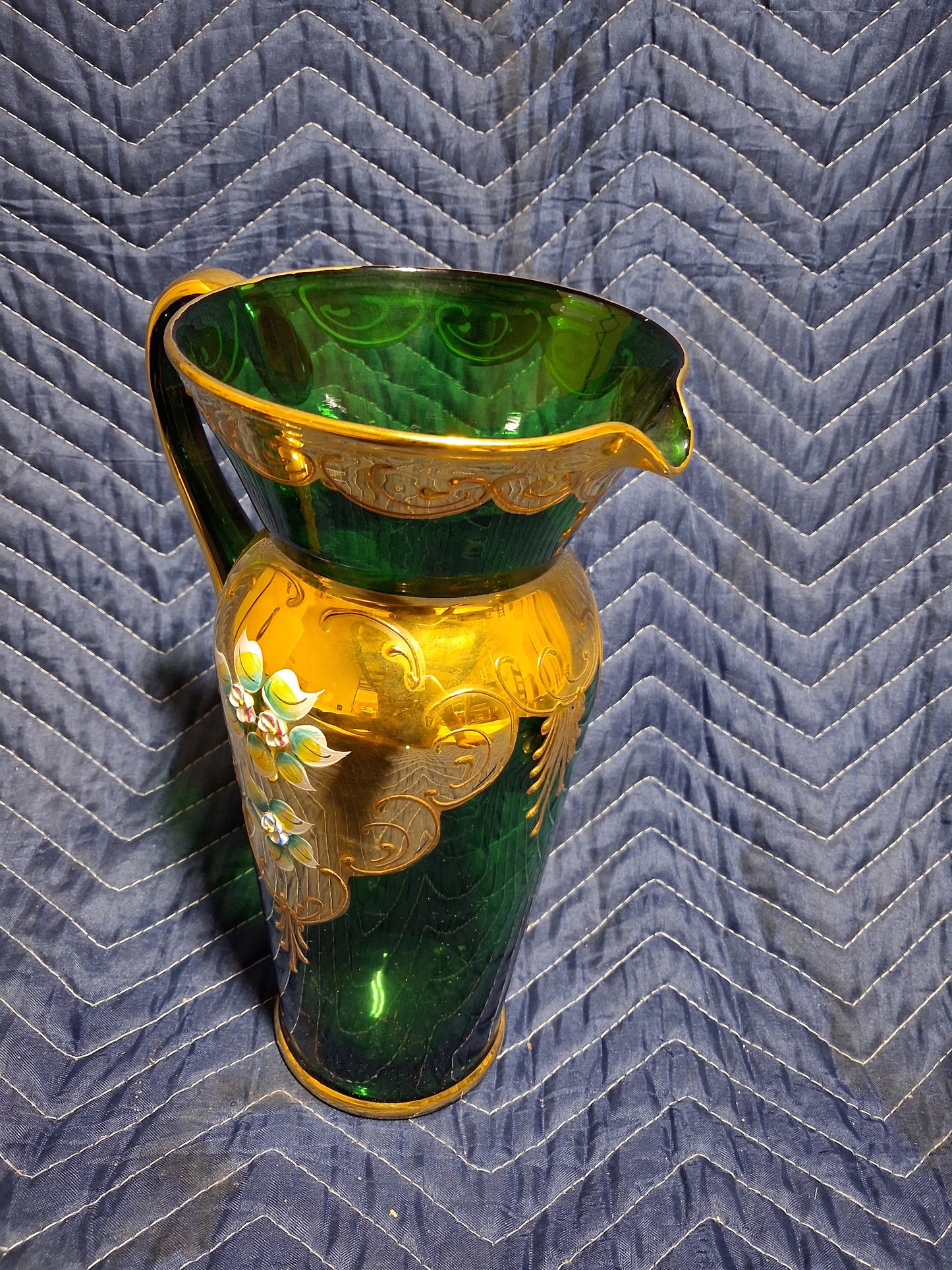 Antique Bohemian Emerald Green Art Glass Pitcher and Goblet Set