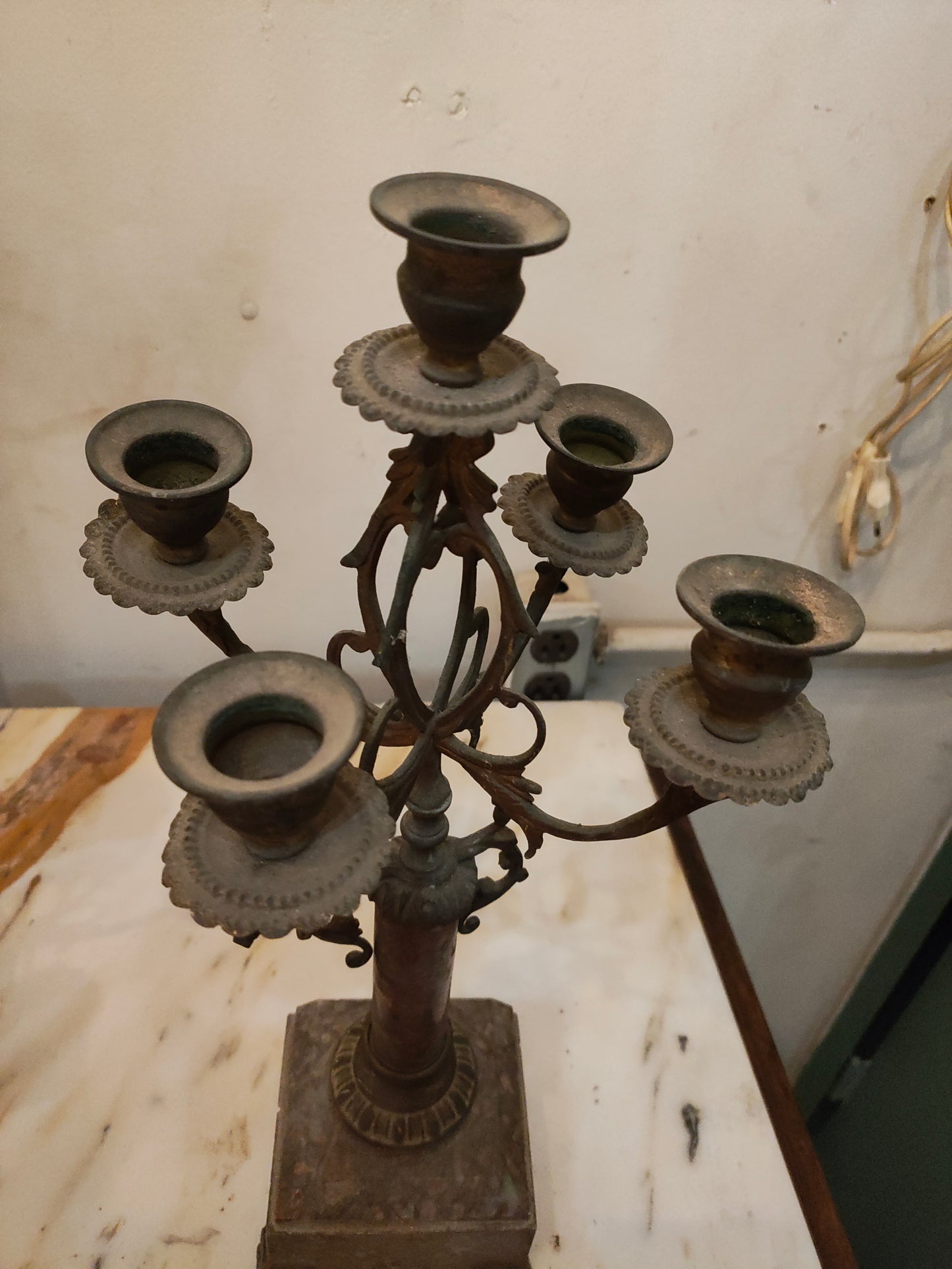 Pair of French Neoclassical Bronze & Stone Candelabras, c. 1880